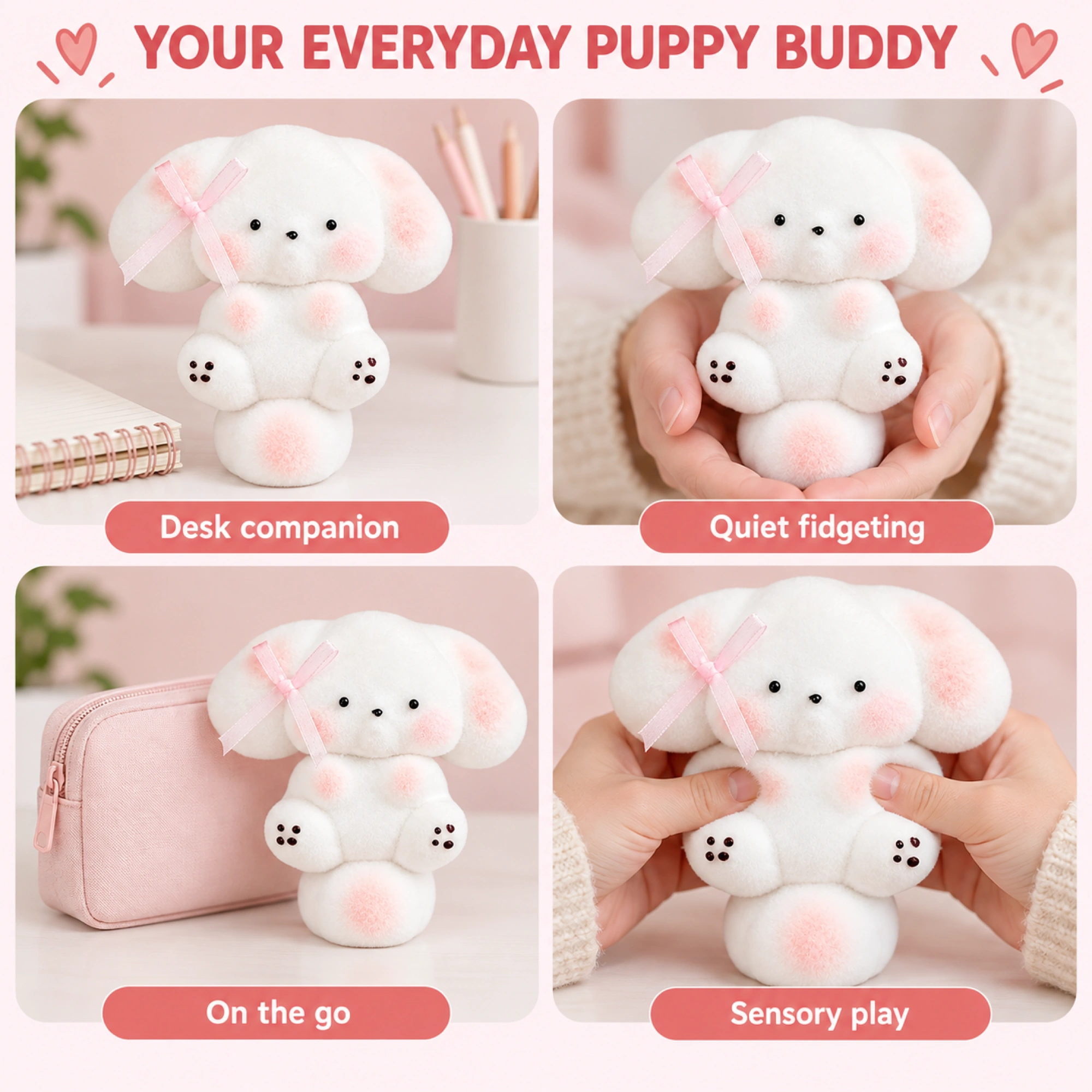 Mochi puppy with blush cheeks and pink bow — lifestyle