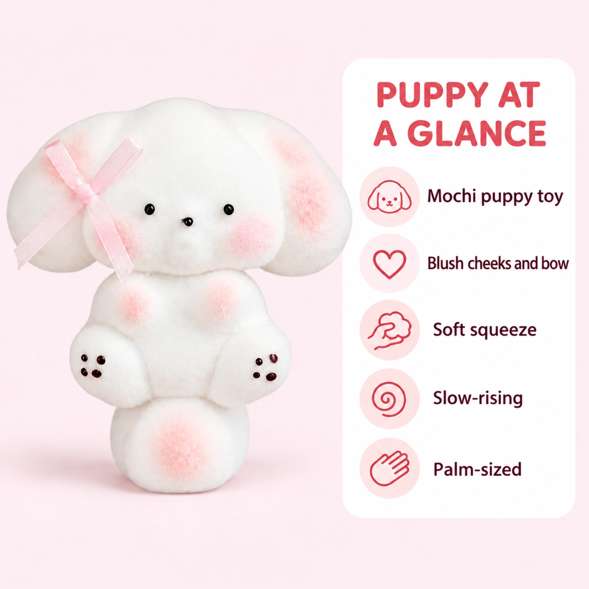 Mochi puppy with blush cheeks and pink bow — spec