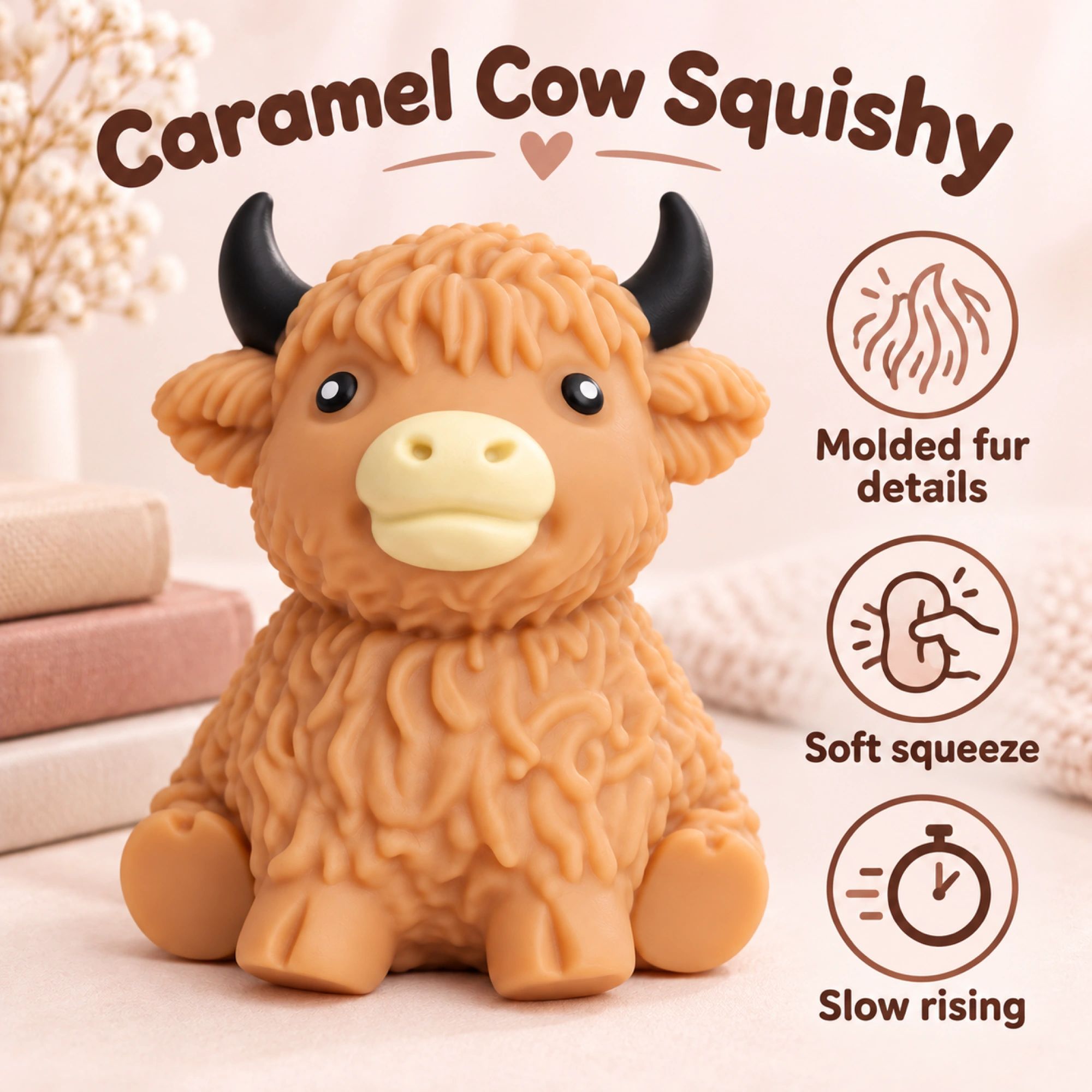 Caramel Tan Cow gniotek Fluffy Highland wolno odzyskujący kształt zabawka sensoryczna — widok alternatywny