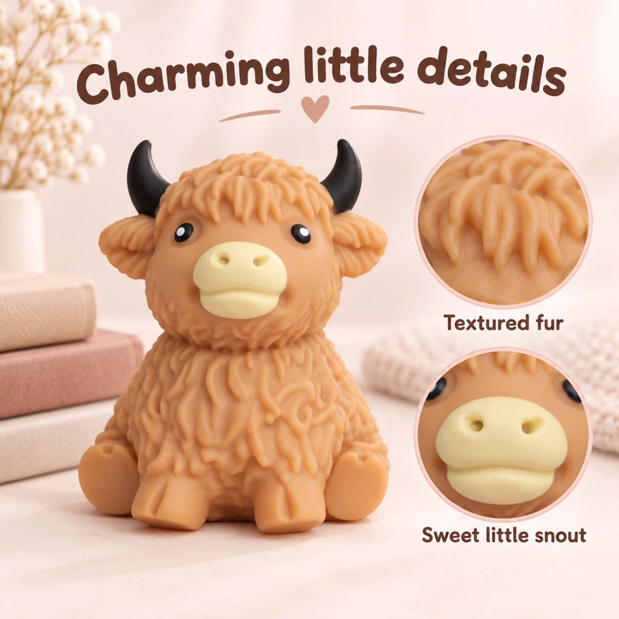 Caramel Tan Cow Squishy Fluffy Highland Slow Rising Sensory Toy — details