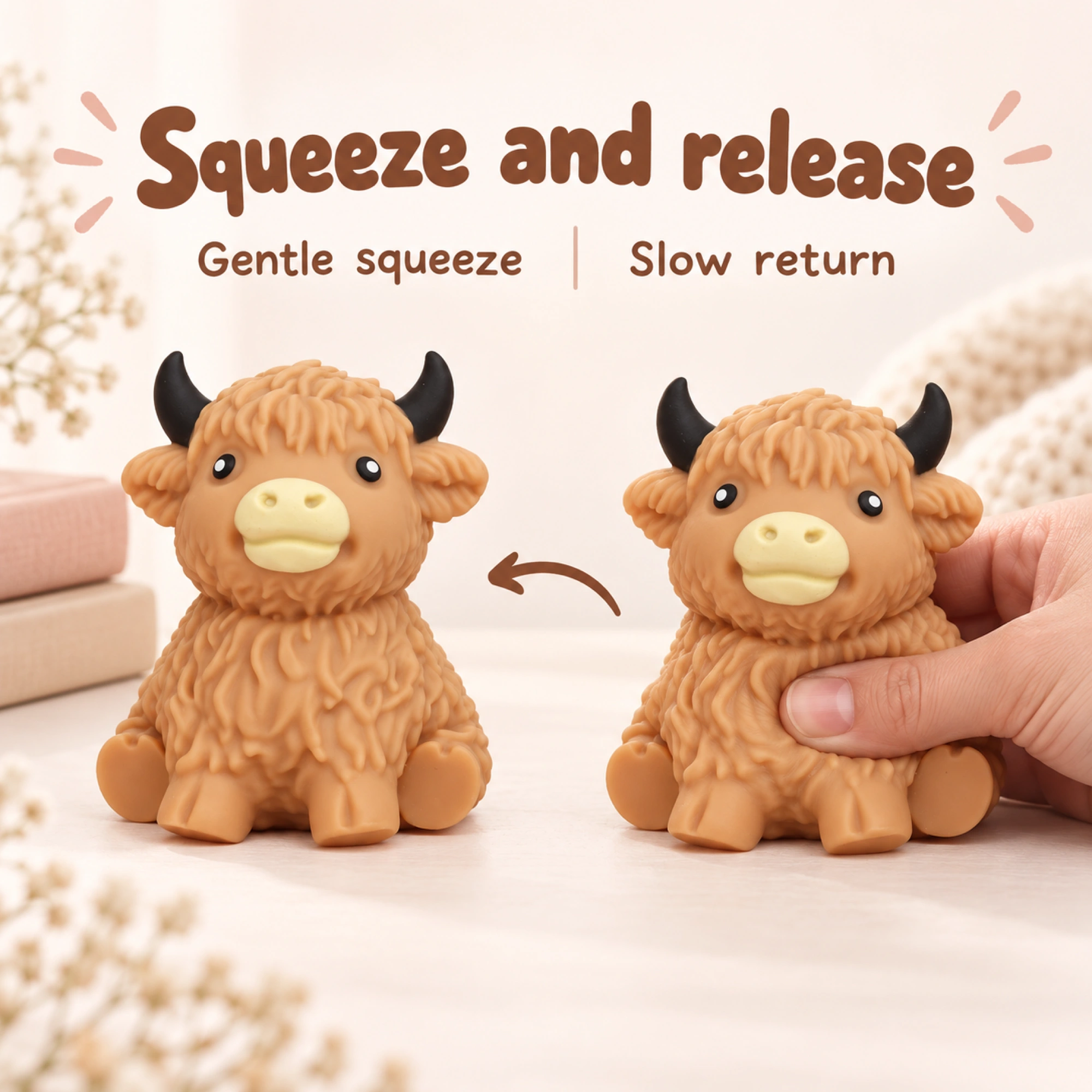 Caramel Tan Cow Squishy Fluffy Highland Slow Rising Sensory Toy — comparison