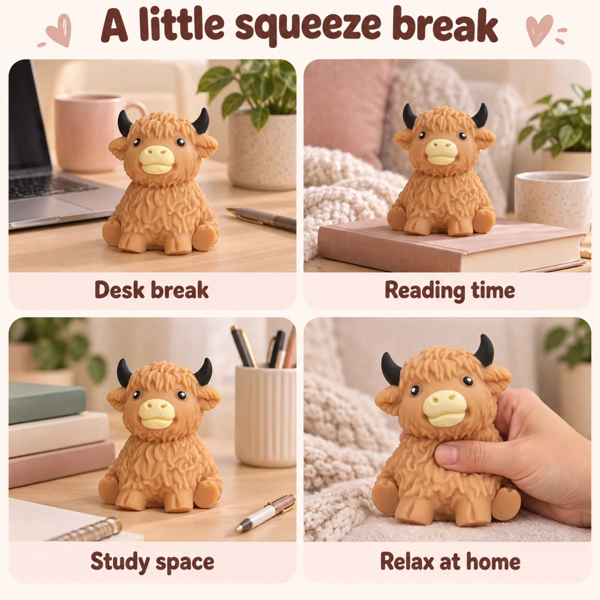 Caramel Tan Cow Squishy Fluffy Highland Slow Rising Sensory Toy — lifestyle