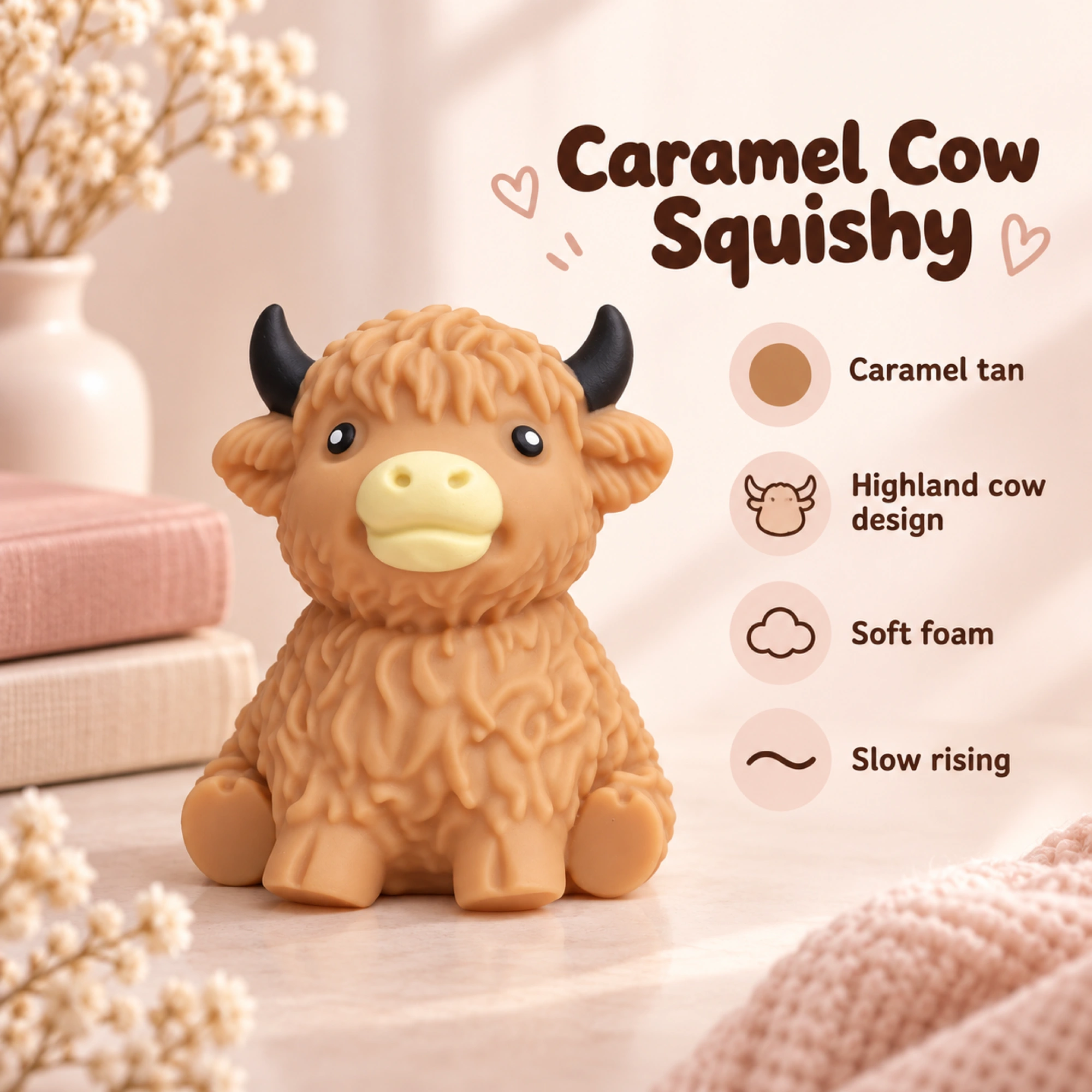 Caramel Tan Cow Squishy Fluffy Highland Slow Rising Sensory Toy — spec