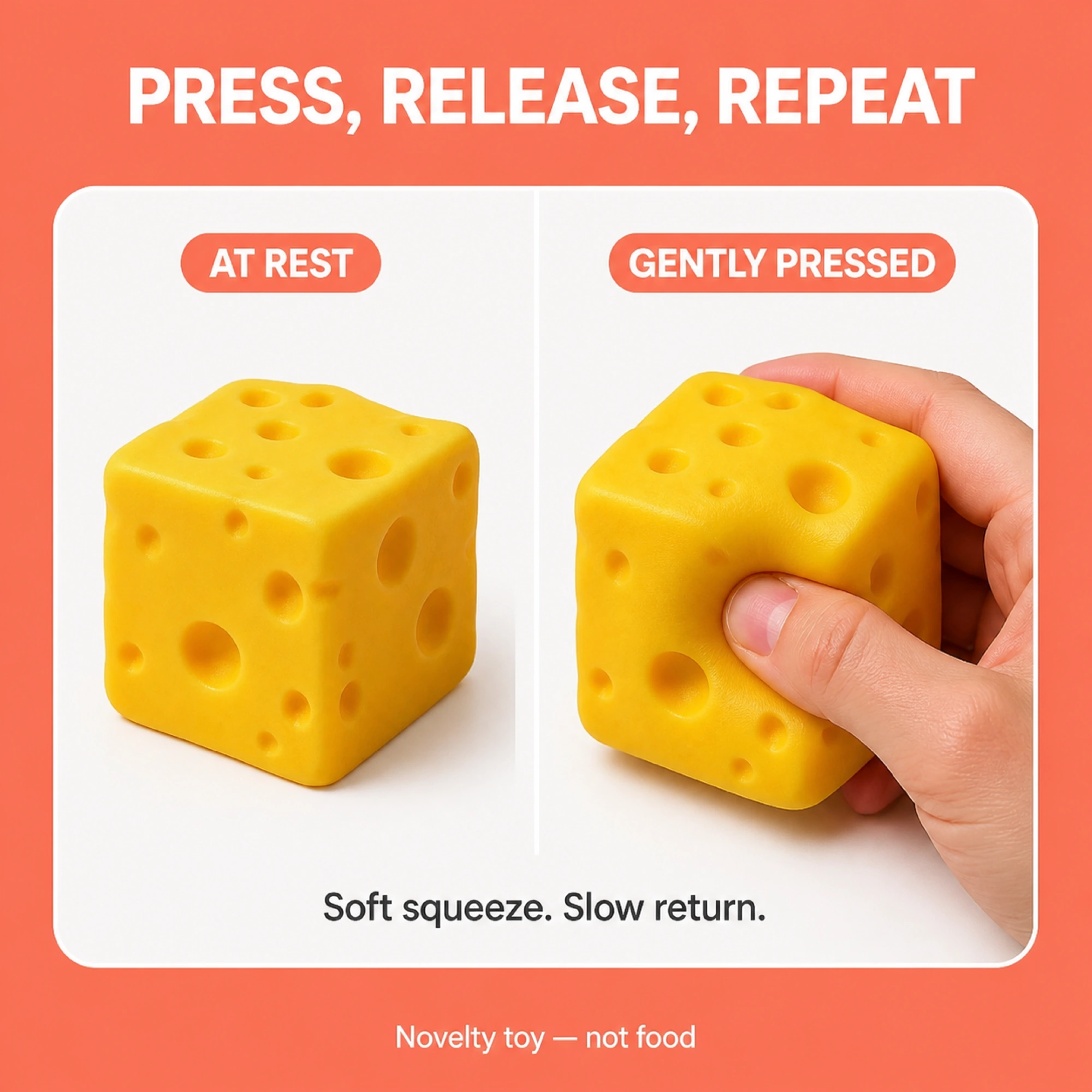 Cheese block squishy at rest and gently pressed