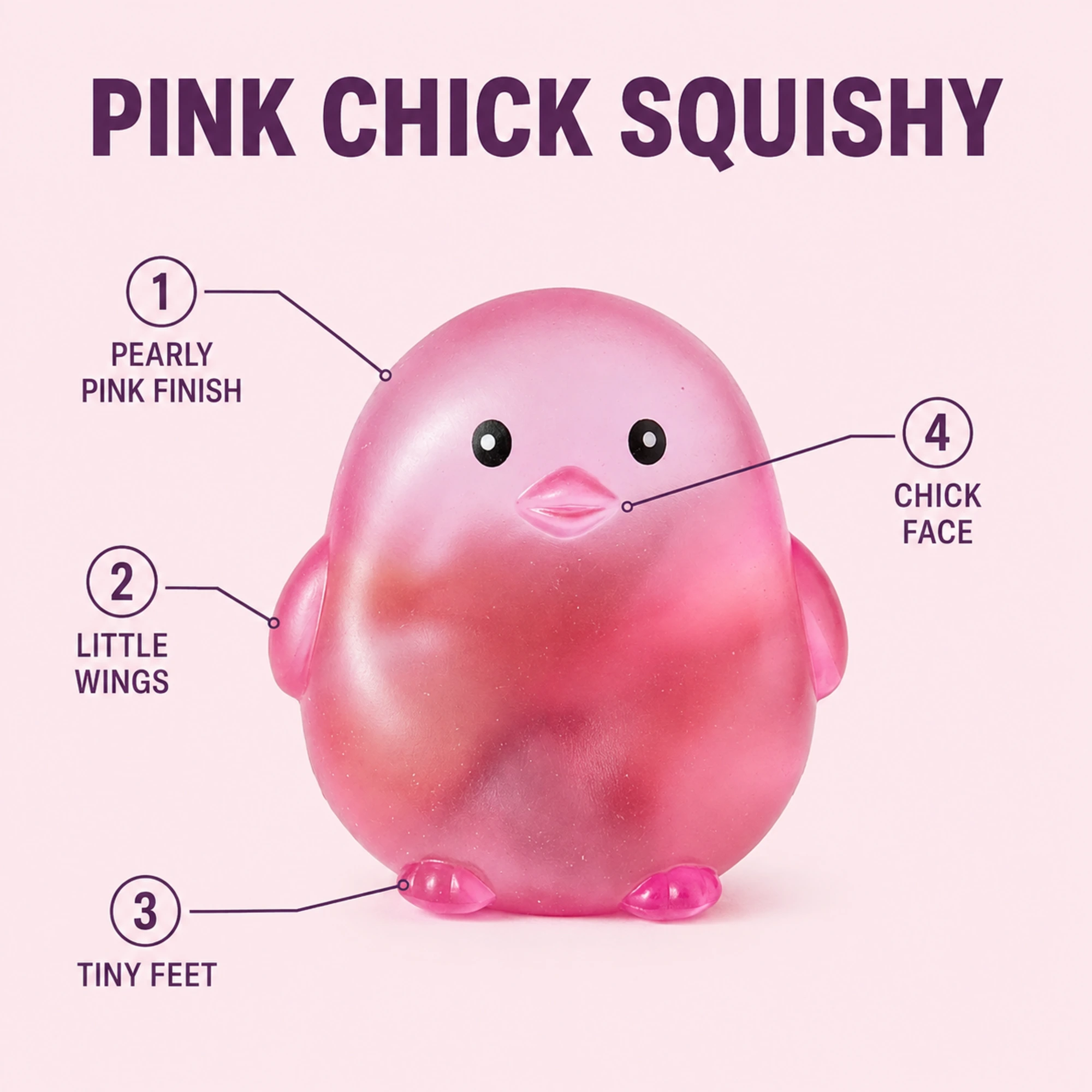 Pink chick squishy features with 4.5 cm size 150 g weight and TPR body