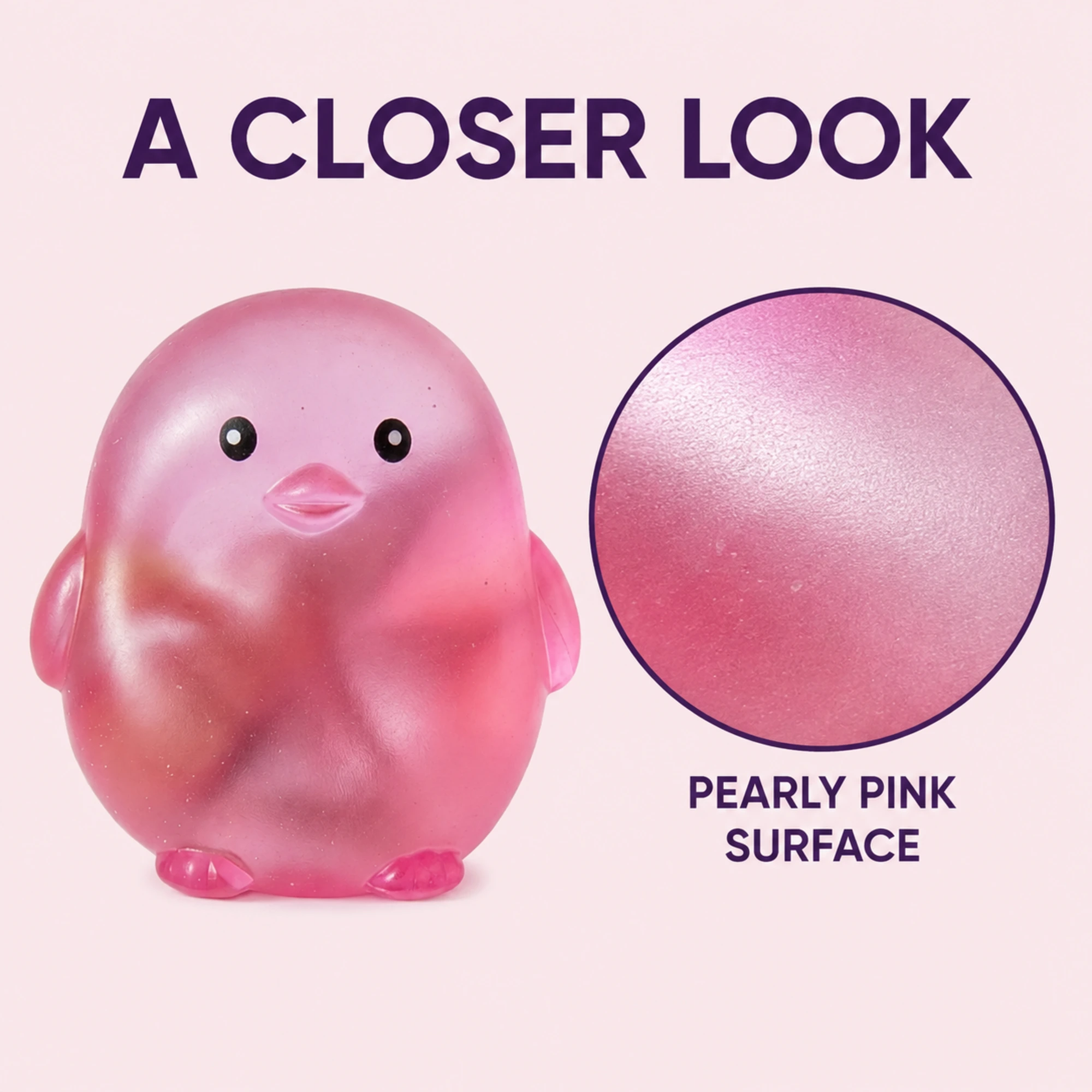 Close-up of the smooth flexible surface on the Pink chick squishy