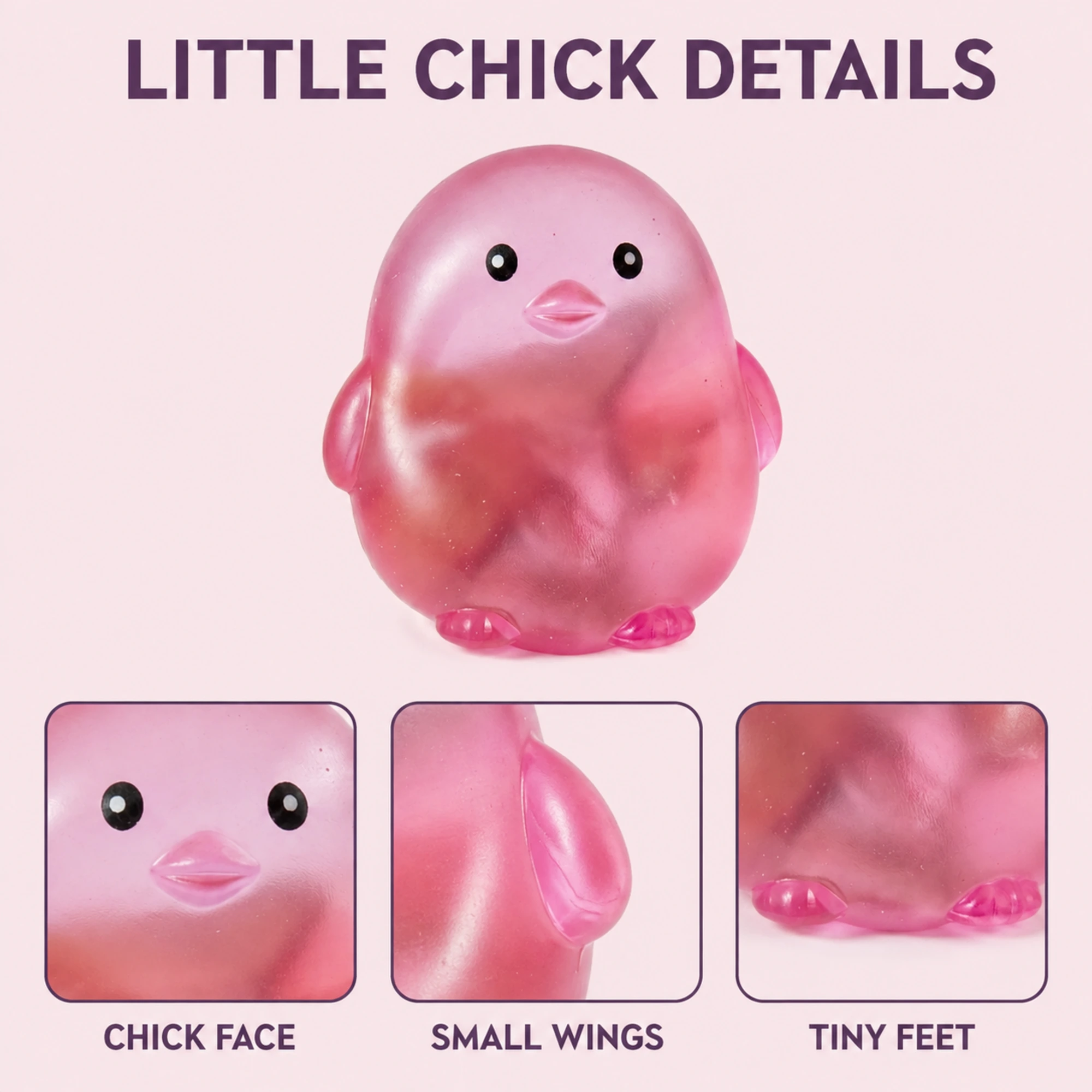 Pink chick squishy face tiny wings and glossy TPR details