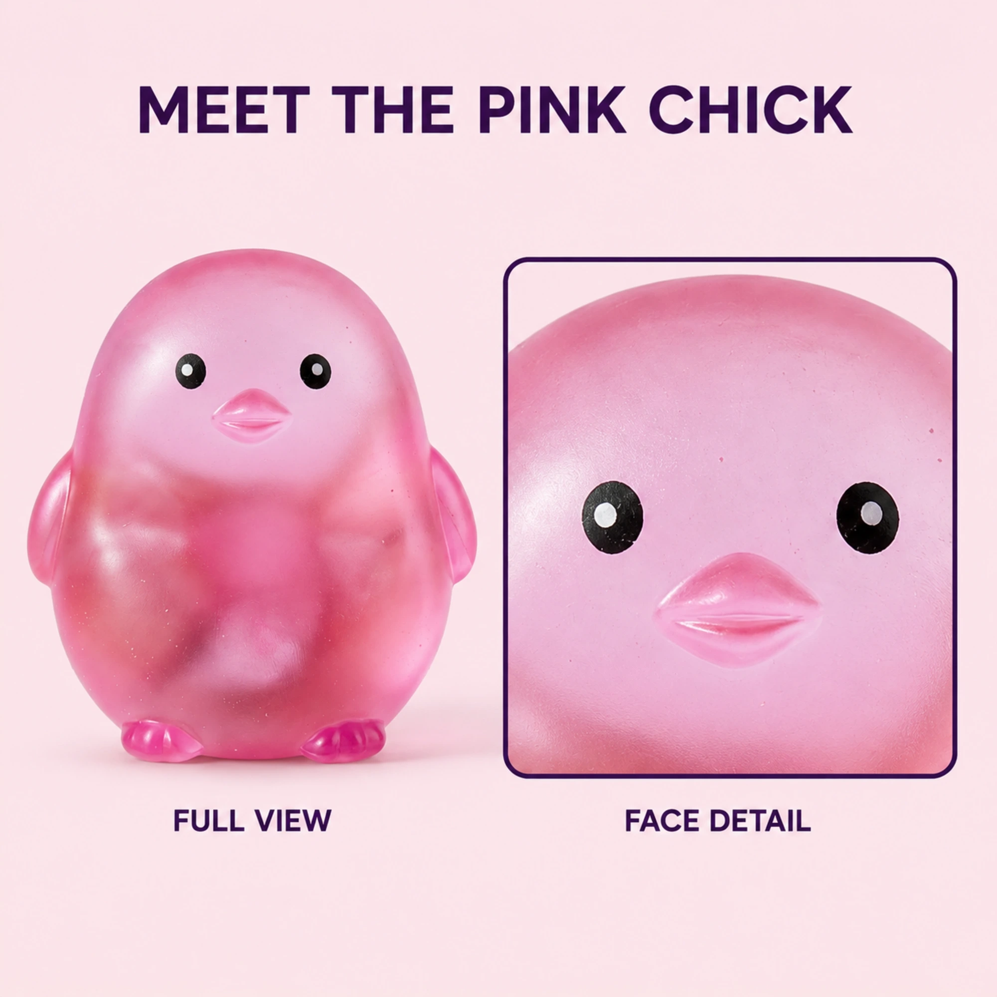 One Pink chick squishy with size weight material and quantity