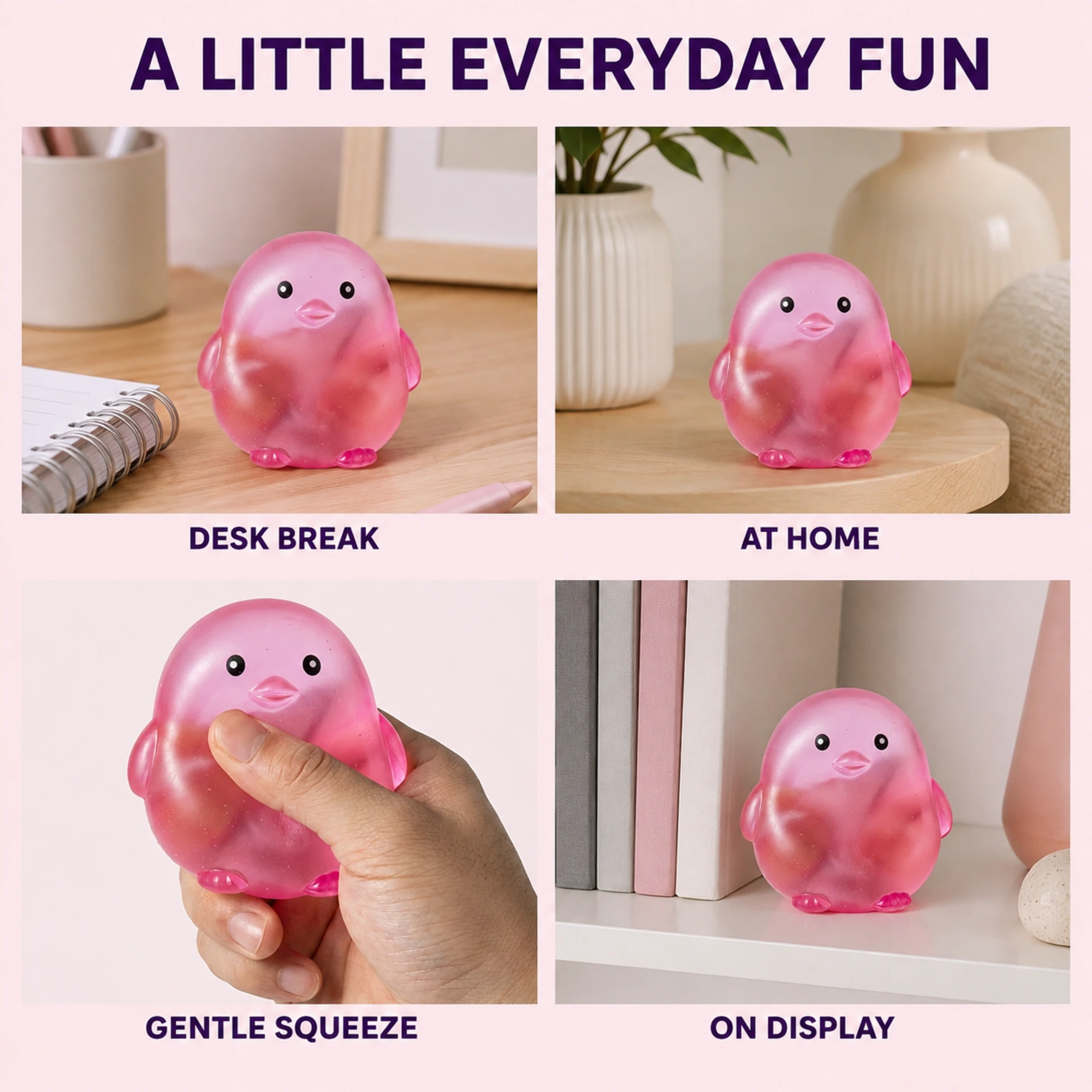 Pink chick stress ball held at a bright home-office desk