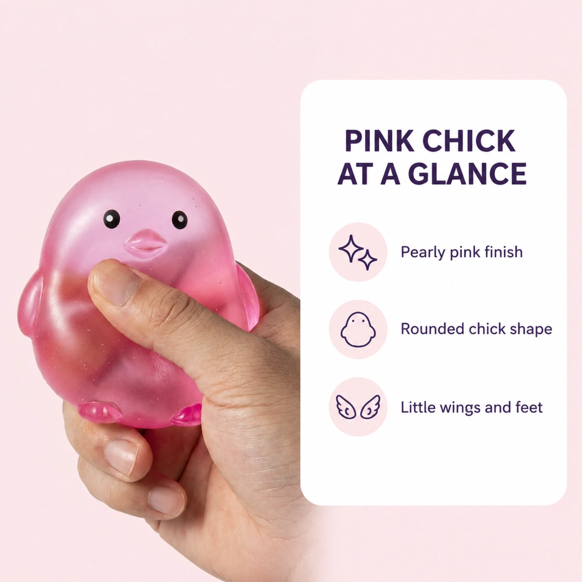 Pink chick squishy specification panel with size weight material and care