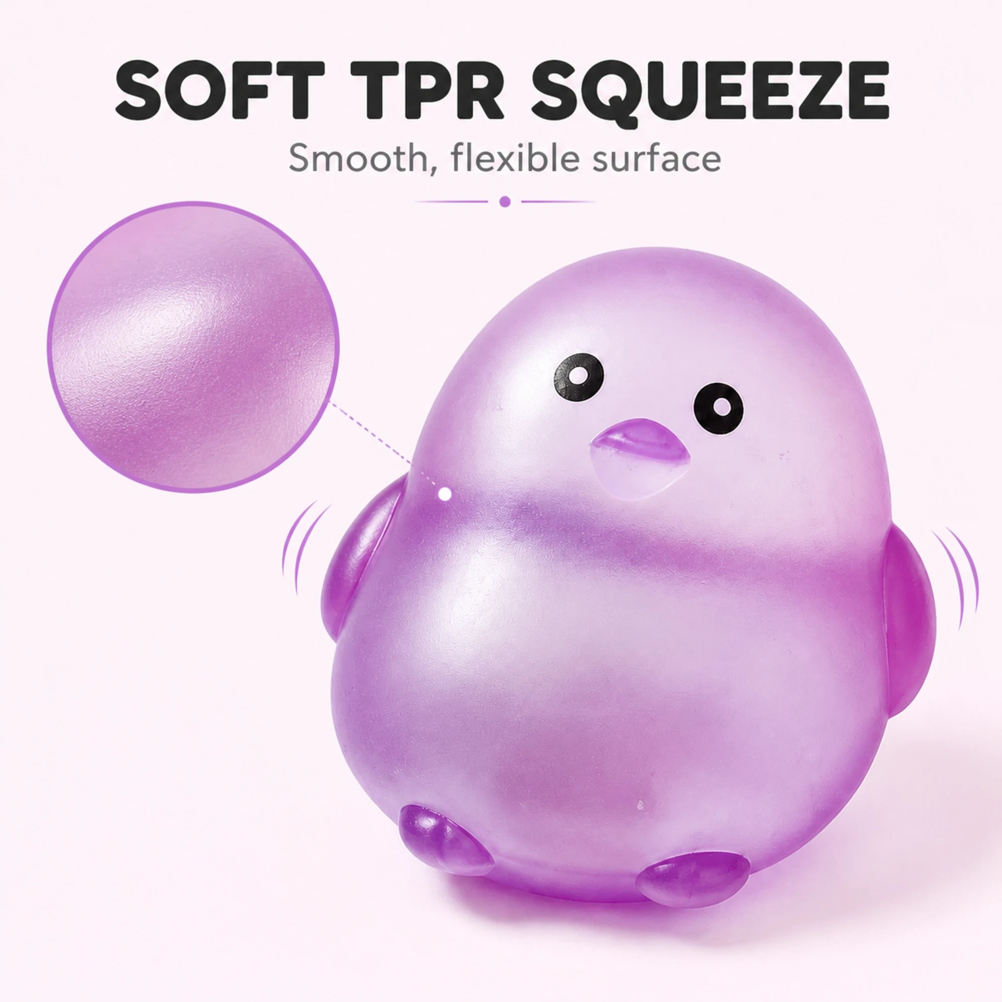 Close-up of the smooth flexible surface on the Purple chick squishy