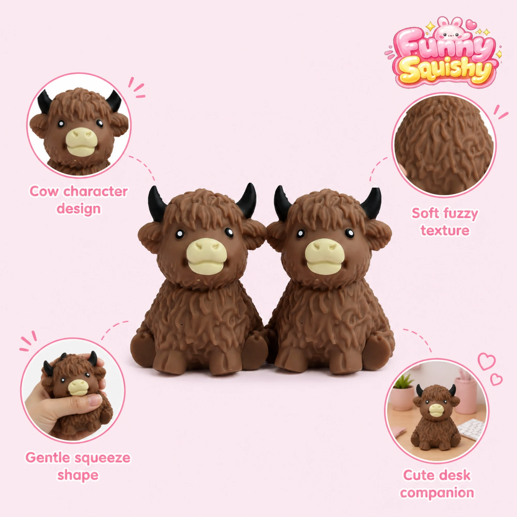 2 Pack Cocoa Cow 스퀴시 Soft Fuzzy Highland Squeeze Toy — 대체 보기