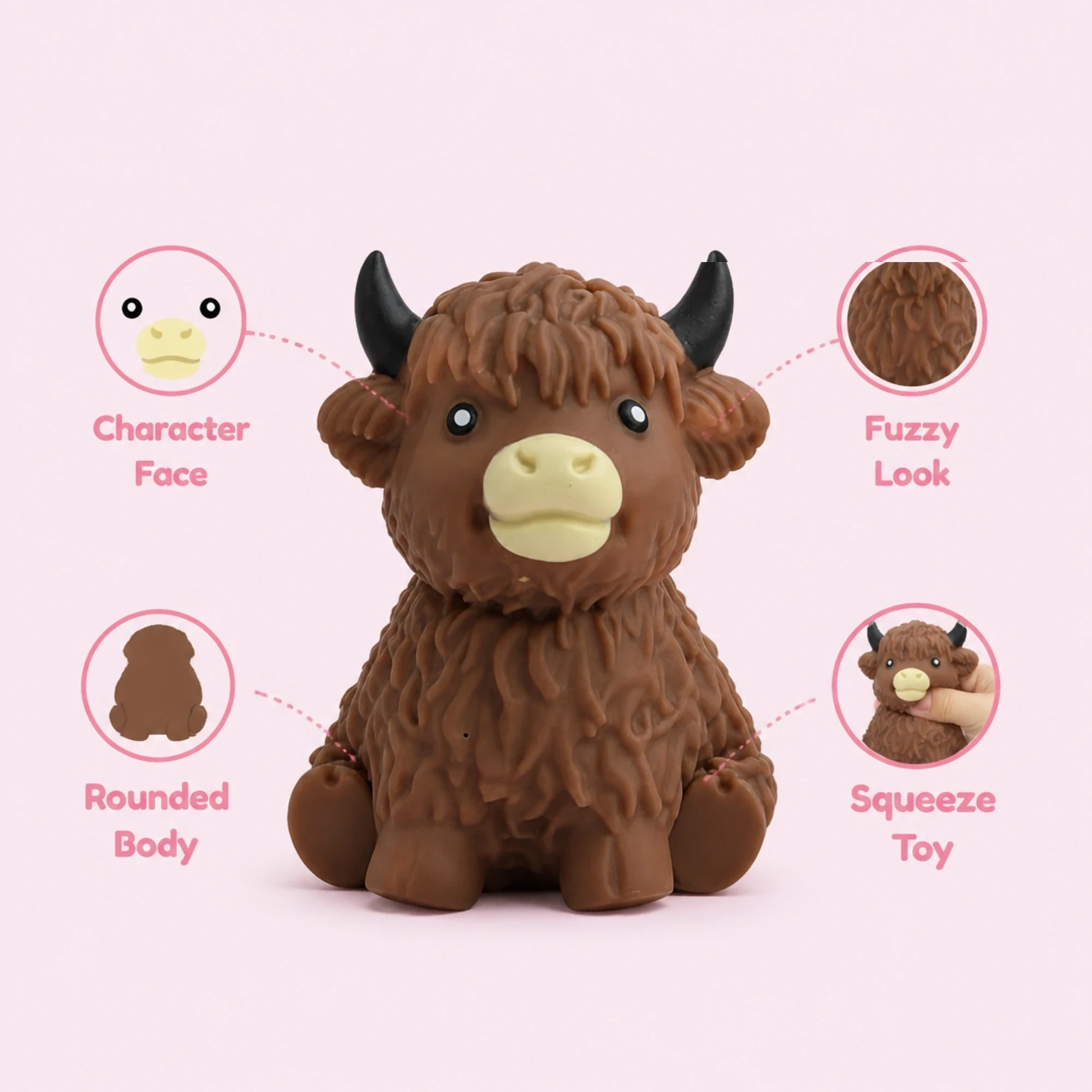 Cocoa cow squishy — fuzzy texture and squeeze close-up