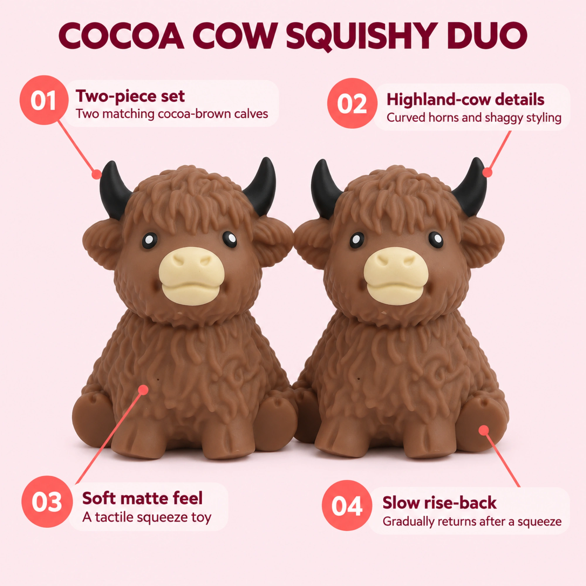 2 Pack Cocoa Cow Squishy Soft Fuzzy Highland Squeeze Toy — alternate view