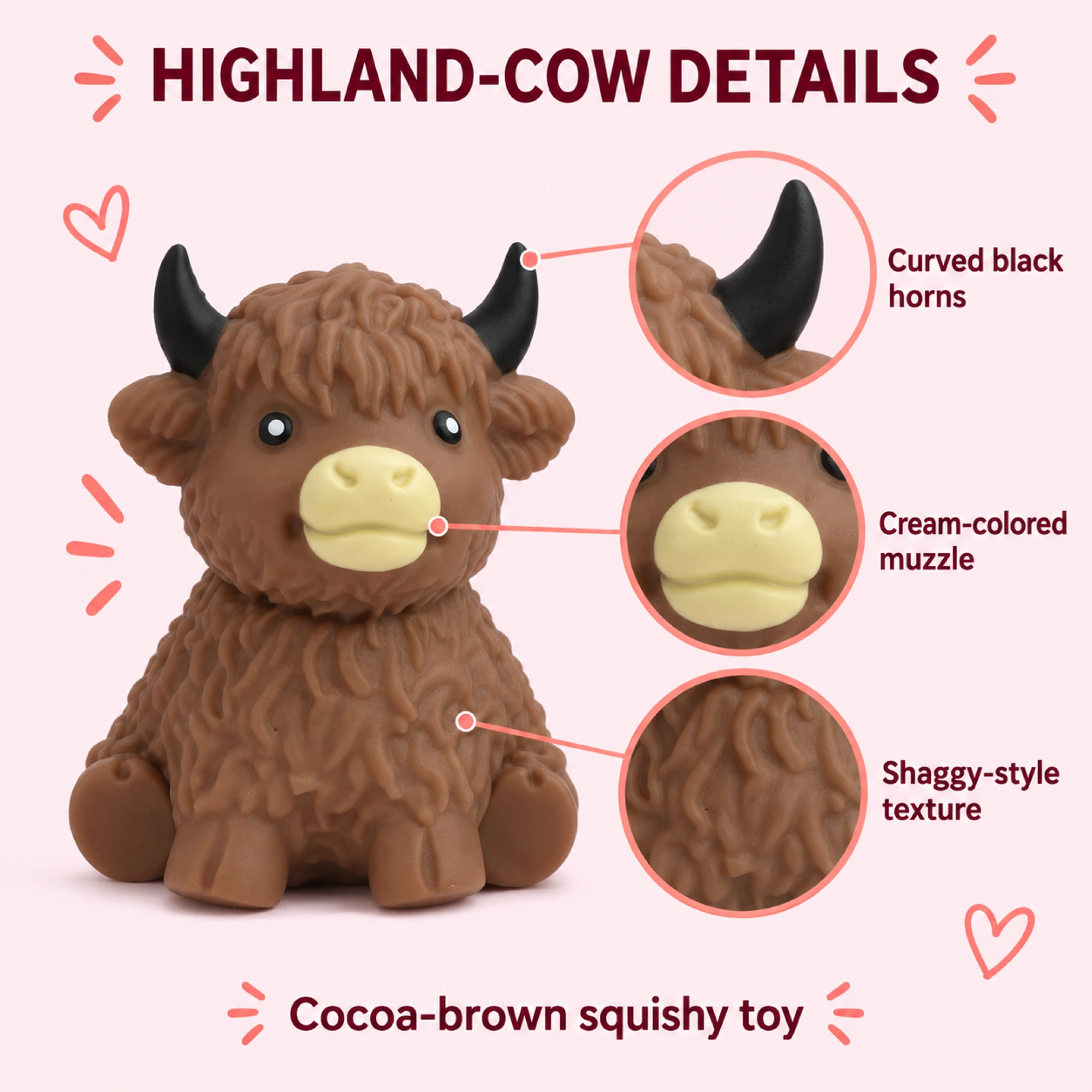 Two matching cocoa-brown Highland calf squishy toys - details