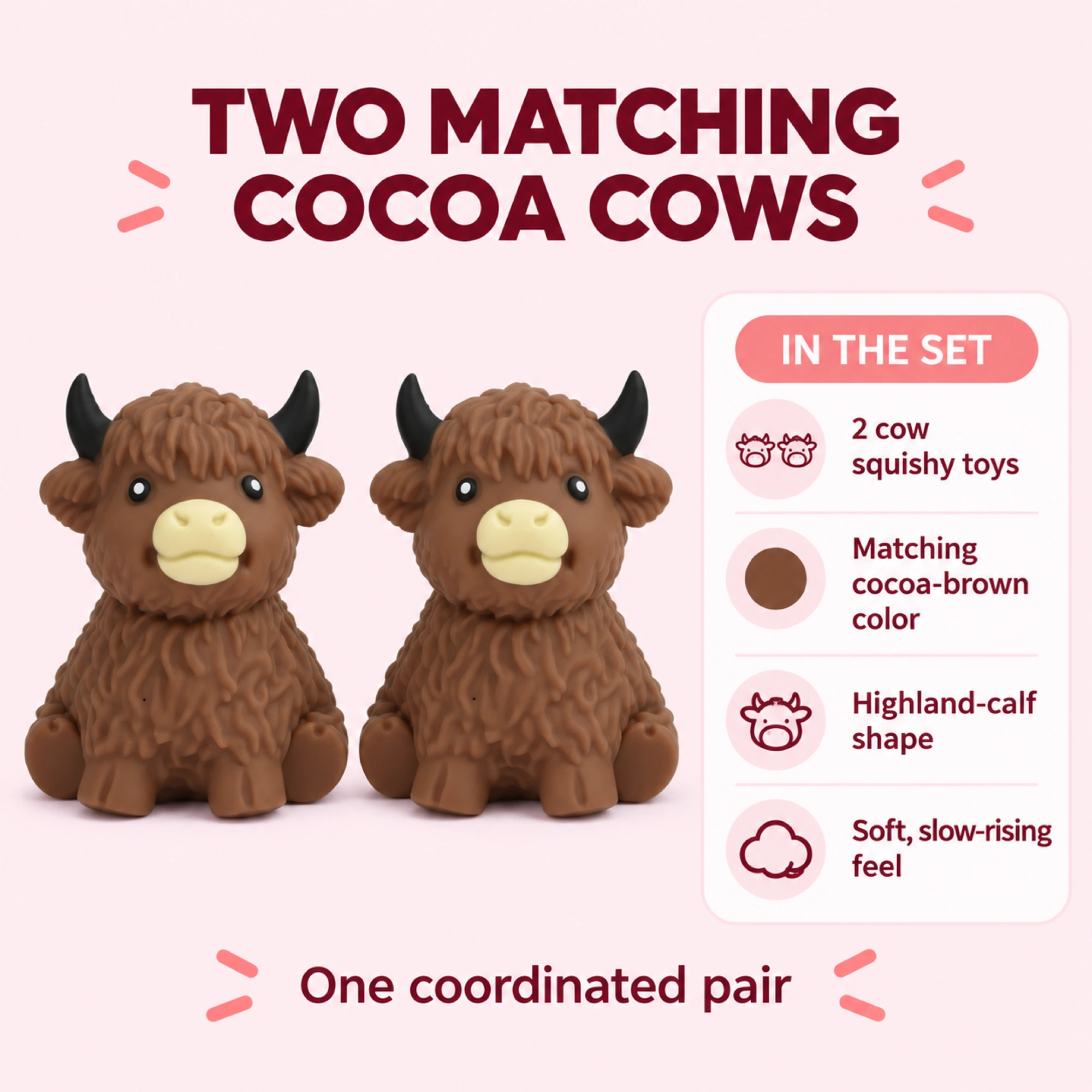 Two matching cocoa-brown Highland calf squishy toys - pack-contents