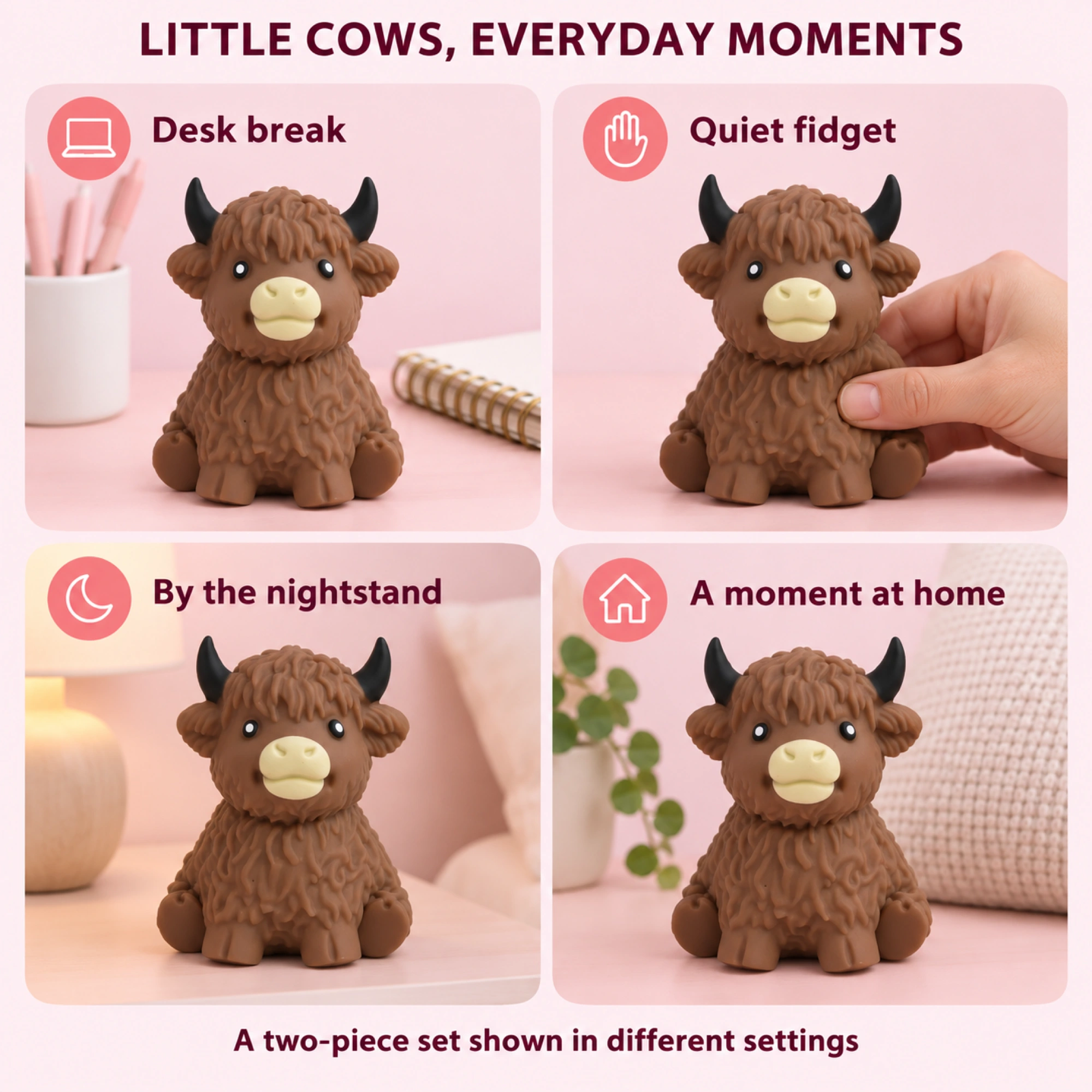 Two matching cocoa-brown Highland calf squishy toys - lifestyle