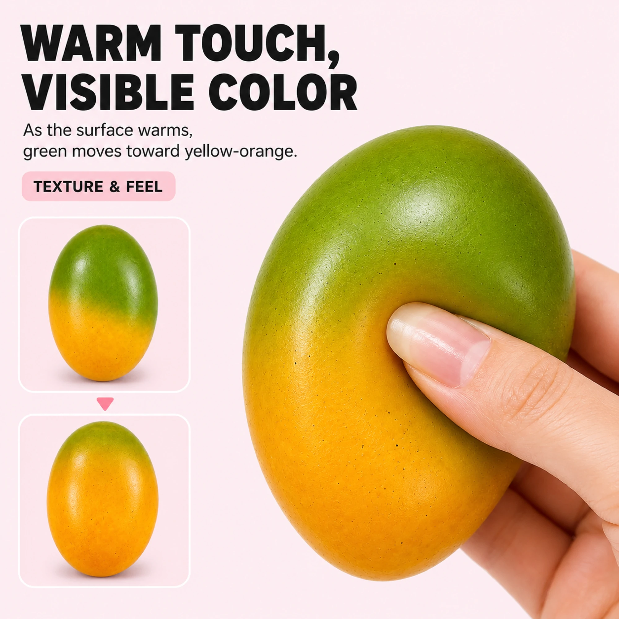 Warm hand pressing color-changing mango squishy