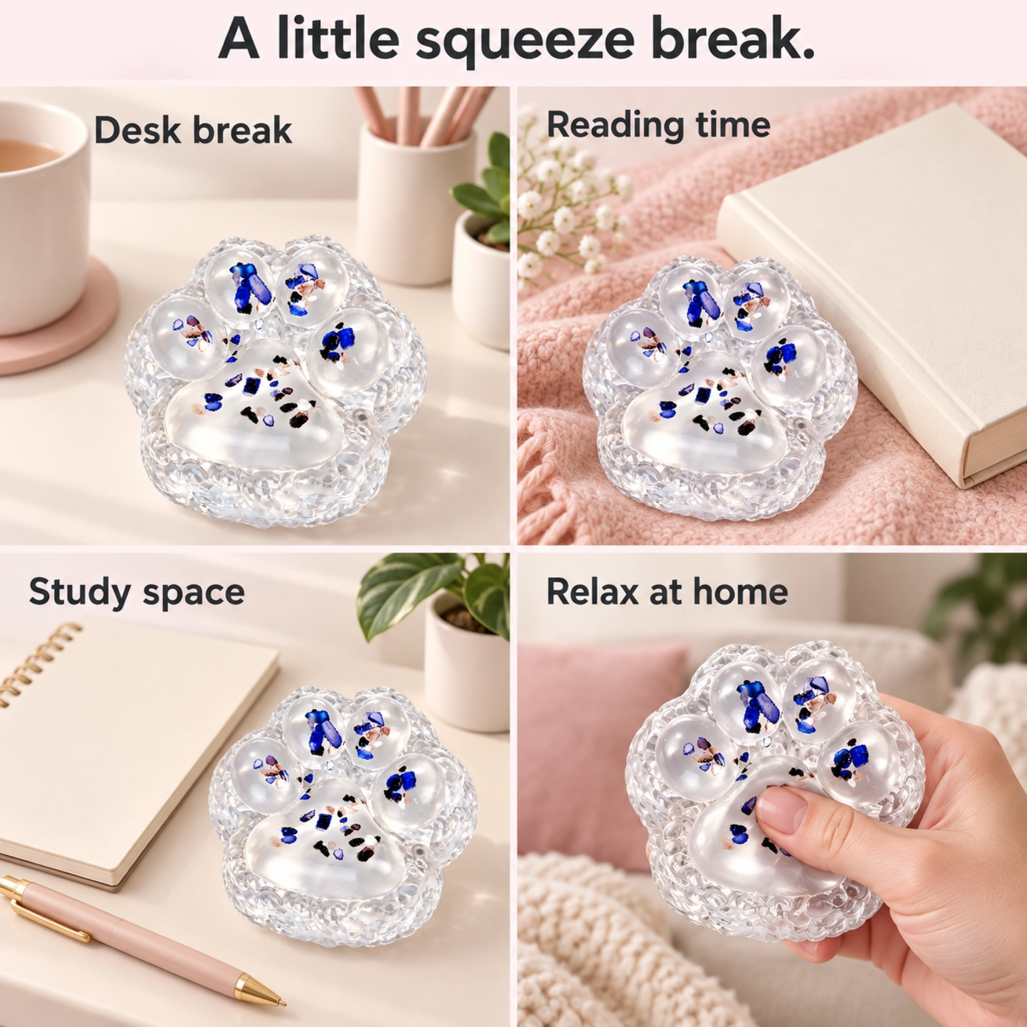 Clear confetti cat paw squishy — lifestyle