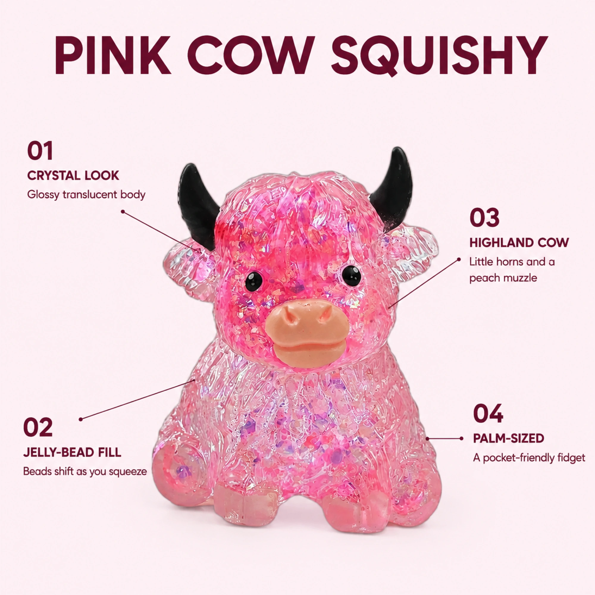 Kawaii Pink Cow Squishy Crystal Jelly Bead Highland Toy — alternate view