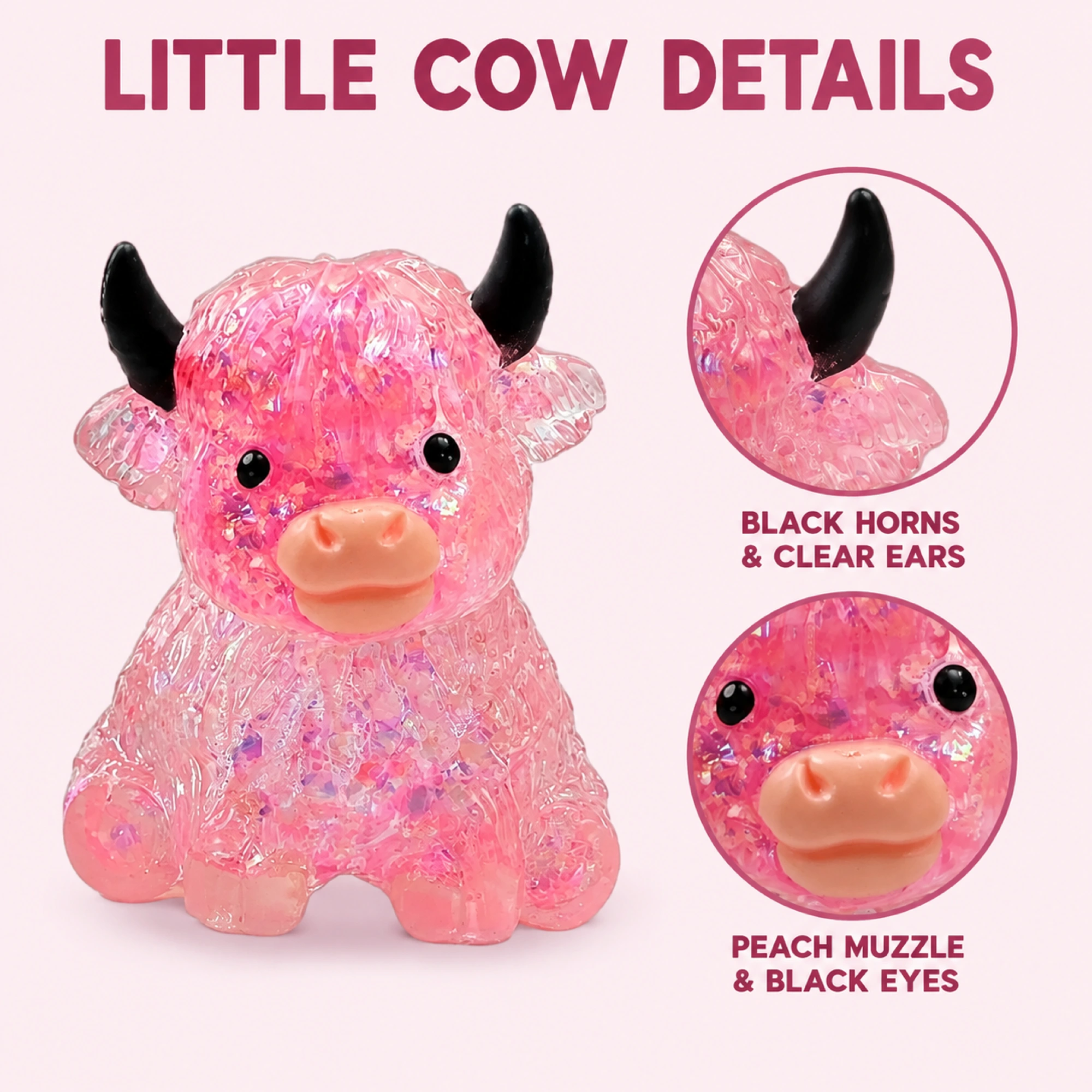 Pink cow details with complete black horns and peach muzzle