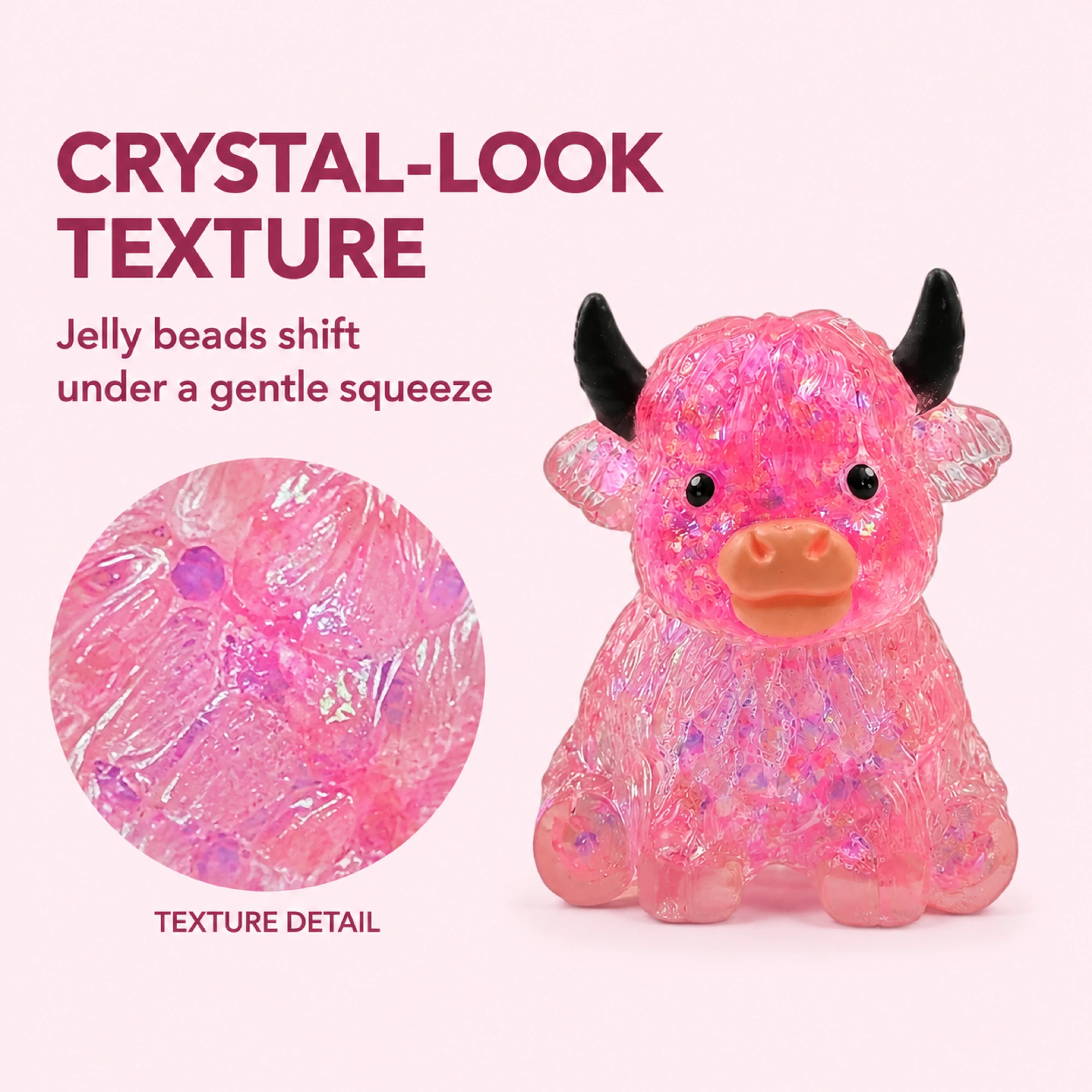Translucent pink cow squishy with jelly-bead texture detail