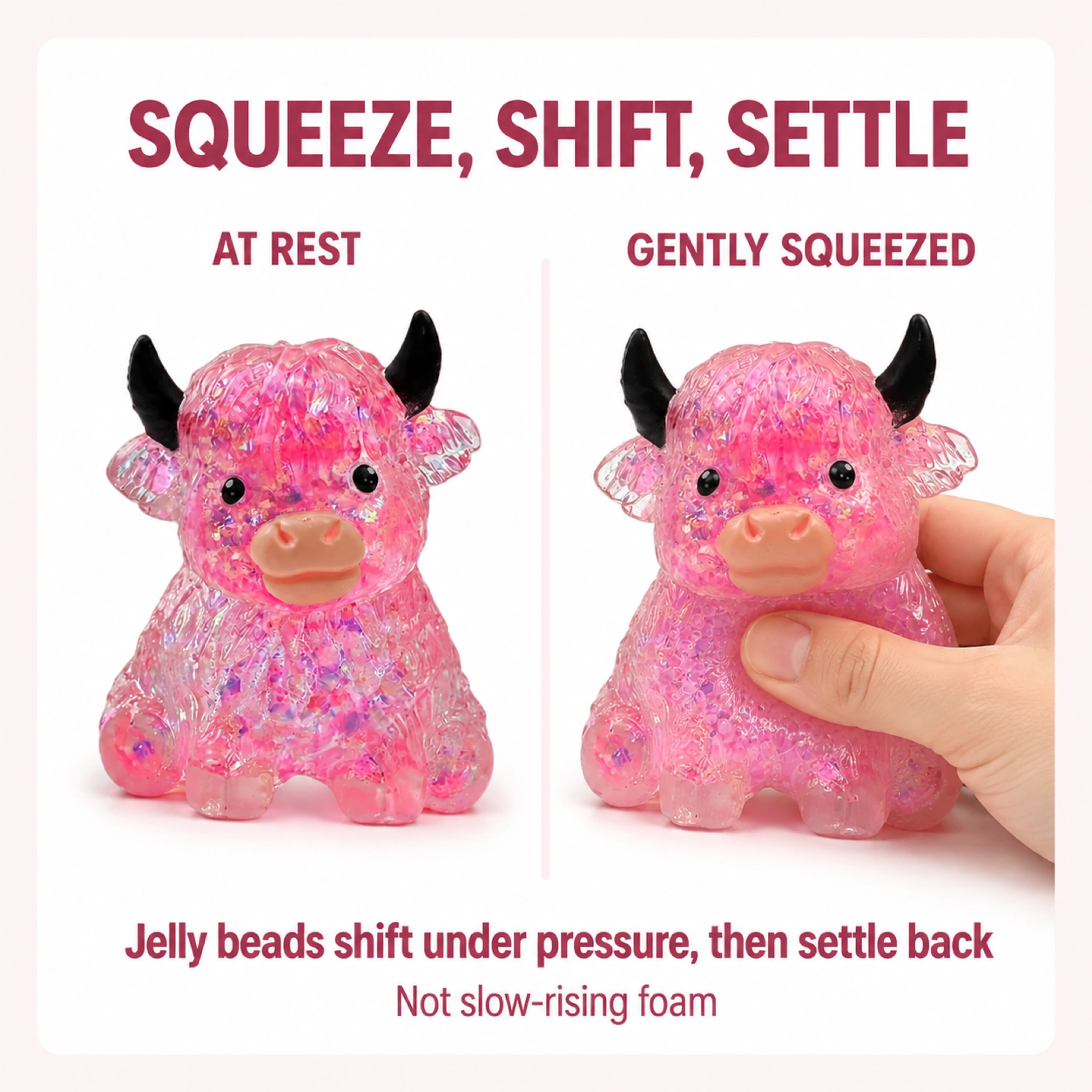 Pink cow squishy at rest and gently squeezed with beads shifting