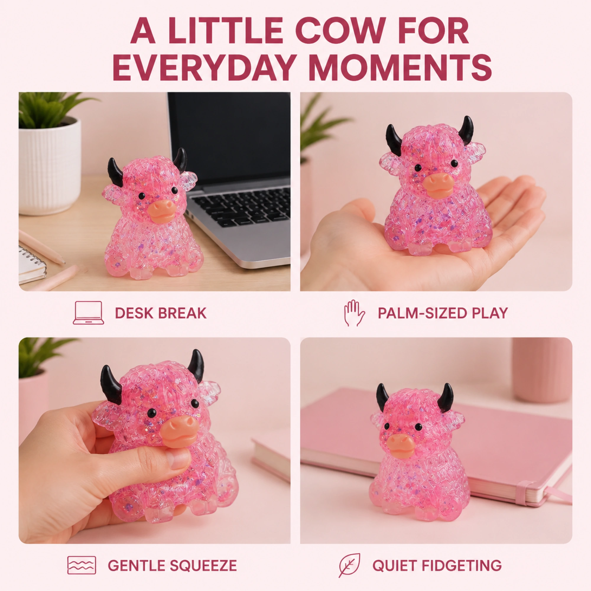 Pink cow fidget toy for desk breaks and gentle squeezing