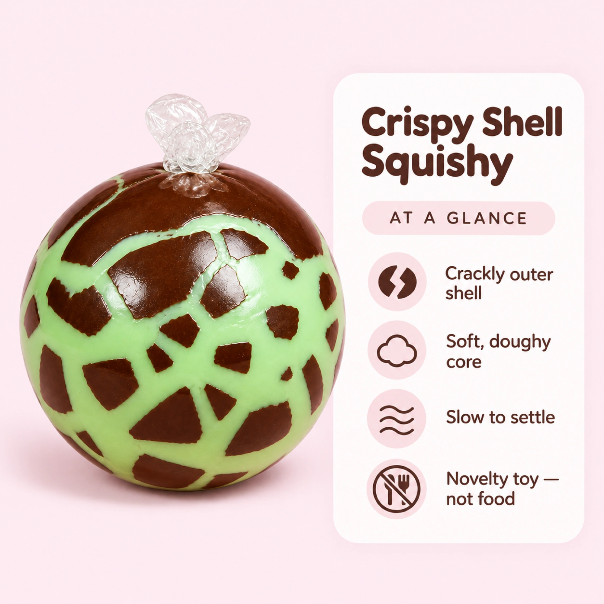 Crispy Shell Squishy Ball — Chocolate Crunch Stress Ball, Satisfying Squeeze — spec