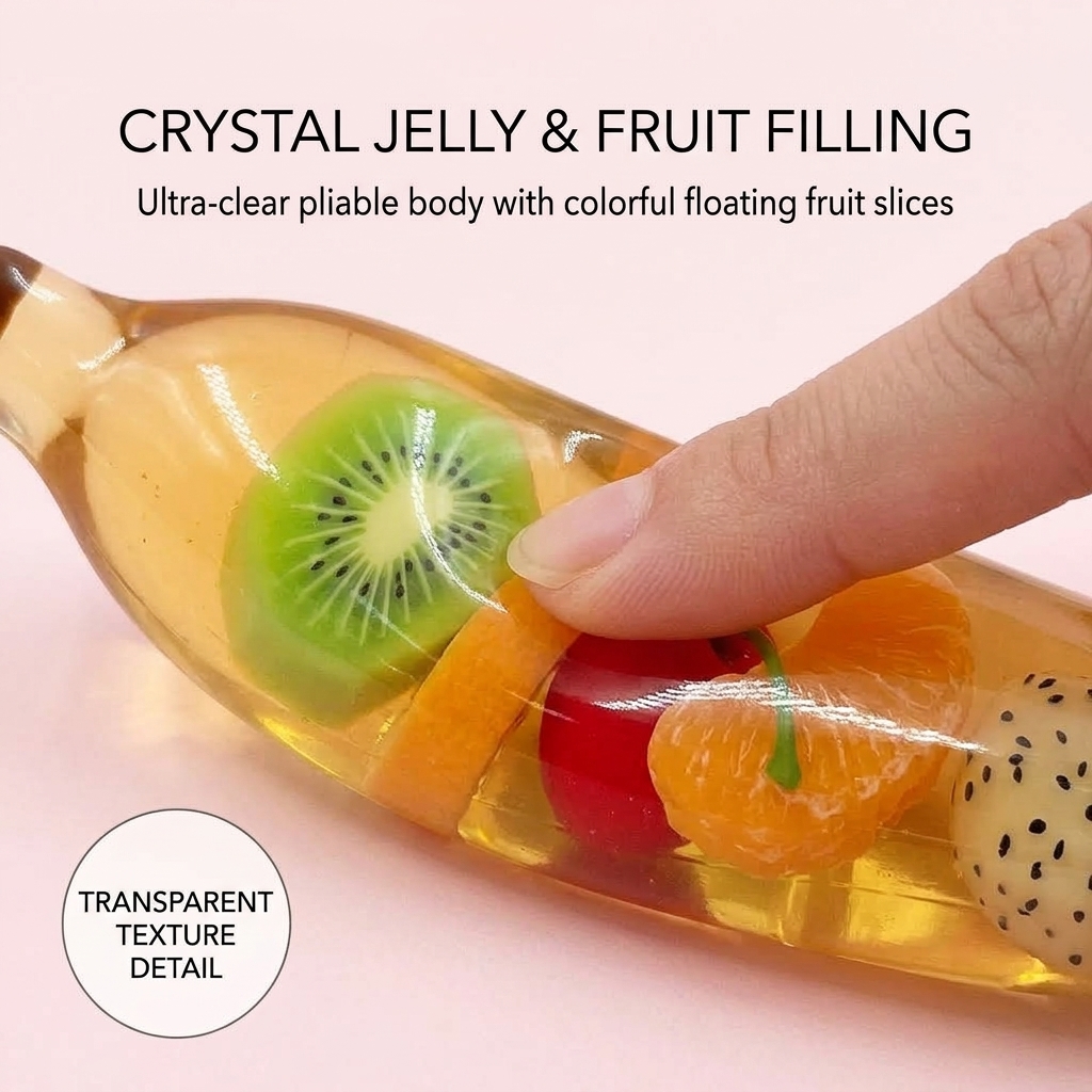 Crystal Fruit Banana Squishy – transparent crystal jelly and floating fruit slices detail