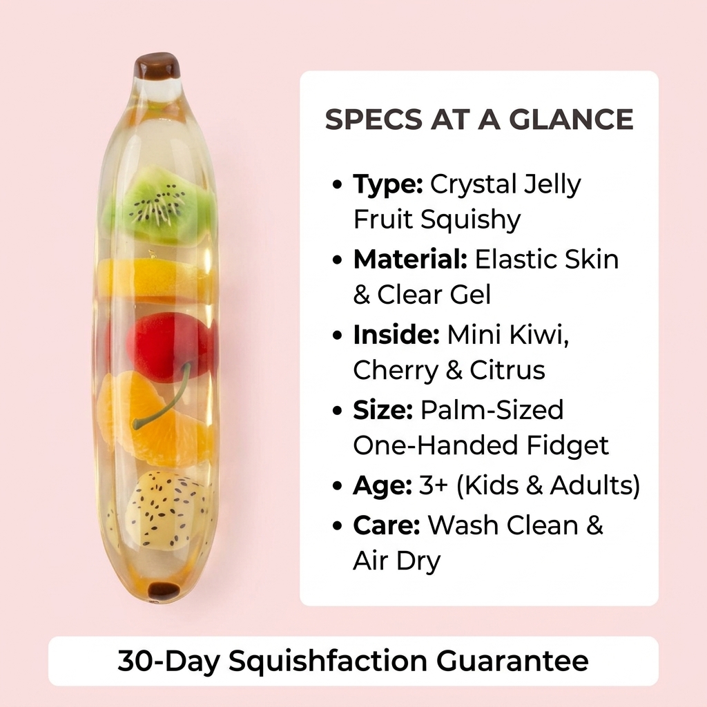 Crystal Fruit Banana Squishy – size, material and product specifications card