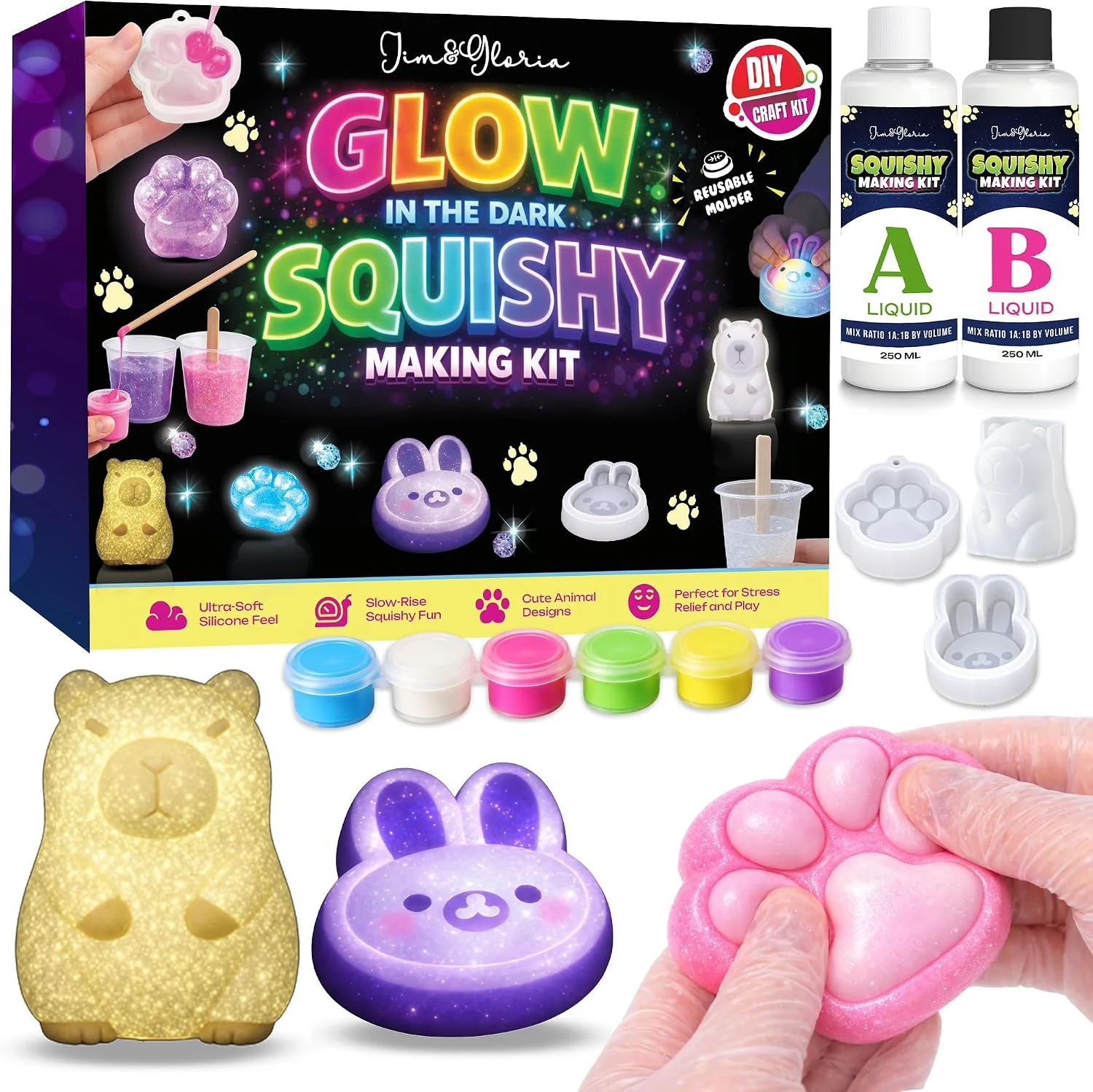 DIY Squishy Making Kit — Liquid Silicone with Paw, Capybara and Bunny Molds