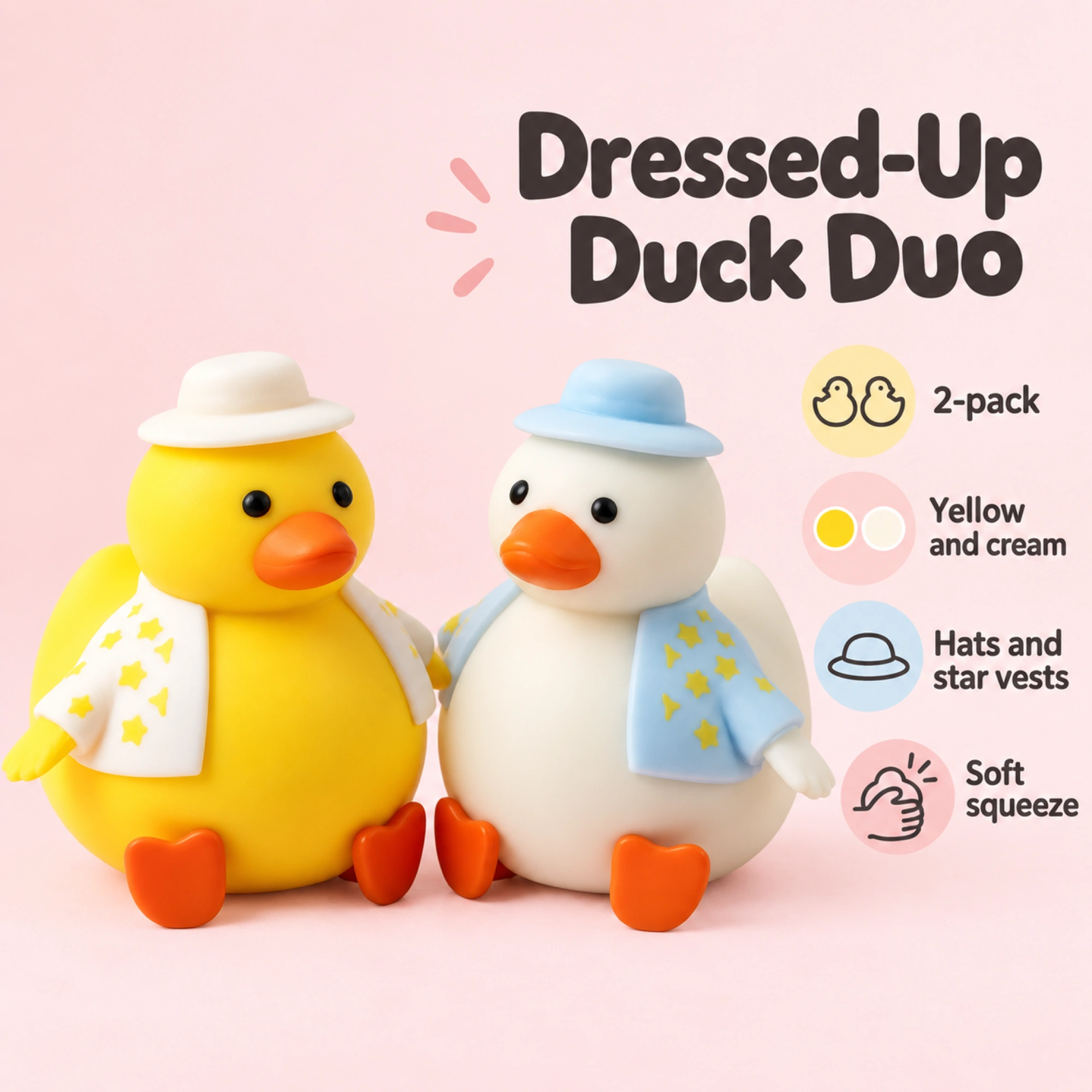 Dressed-up squishy duck pair — spec