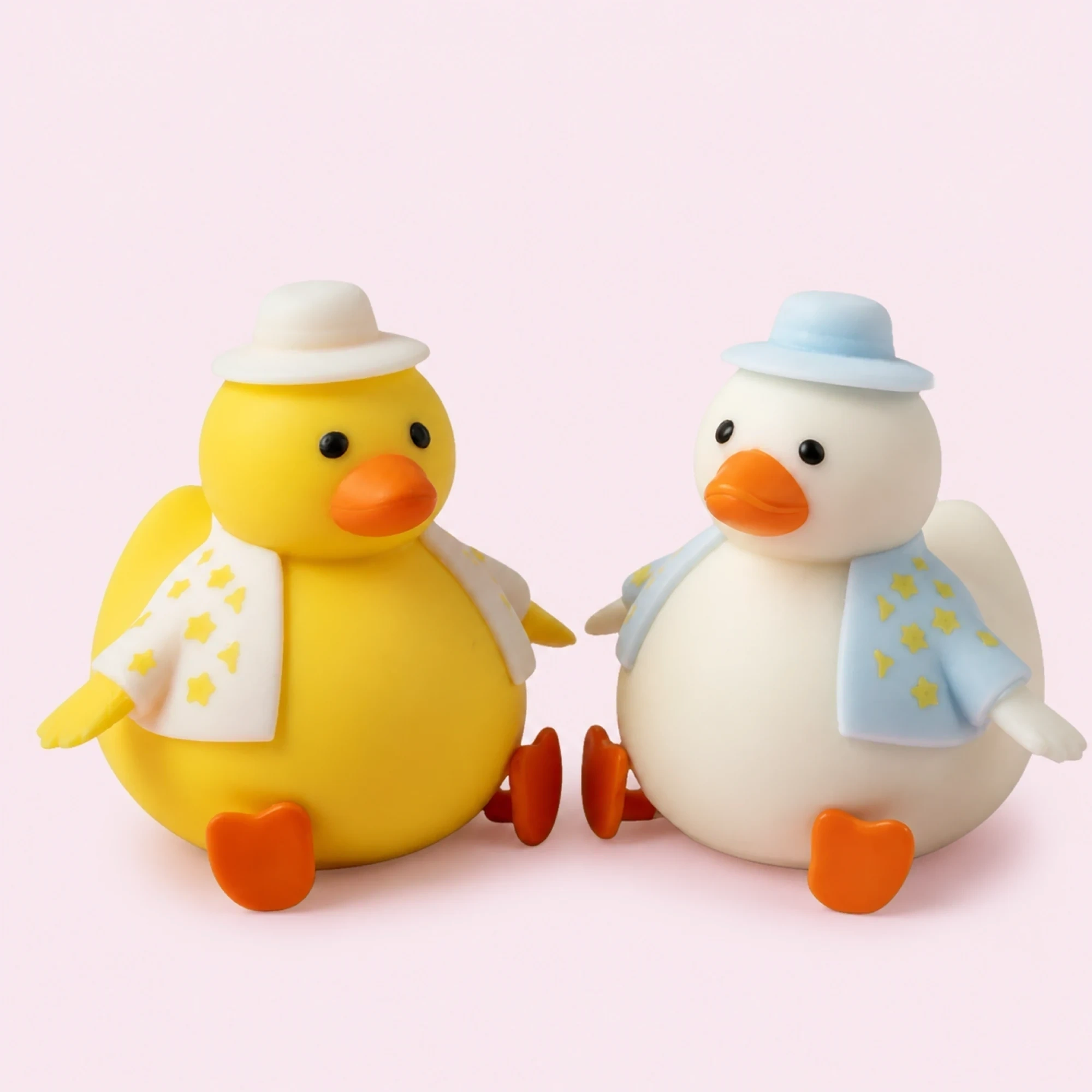 Dressed-up duck mochi squishy — front side and top views