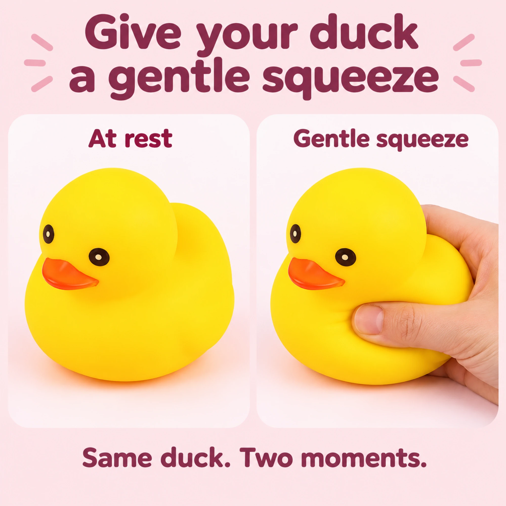 Same yellow duck at rest and gently squeezed