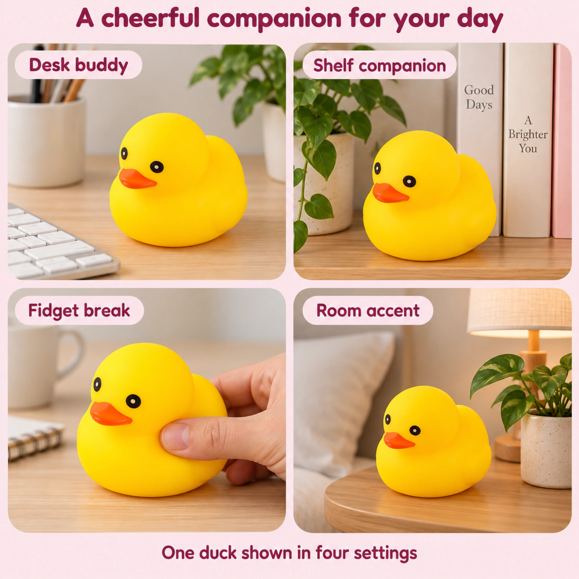 Yellow duck in four everyday settings