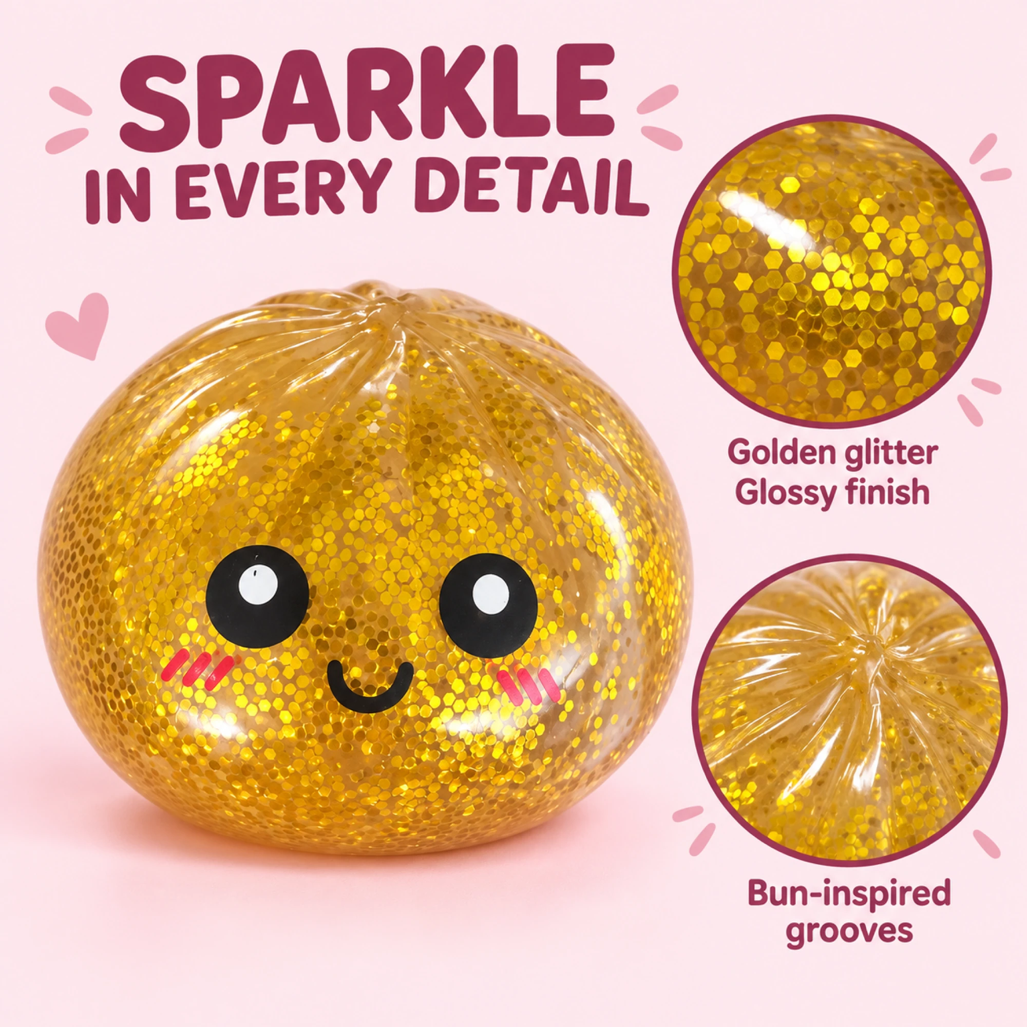 Gold glitter and bun grooves close-up