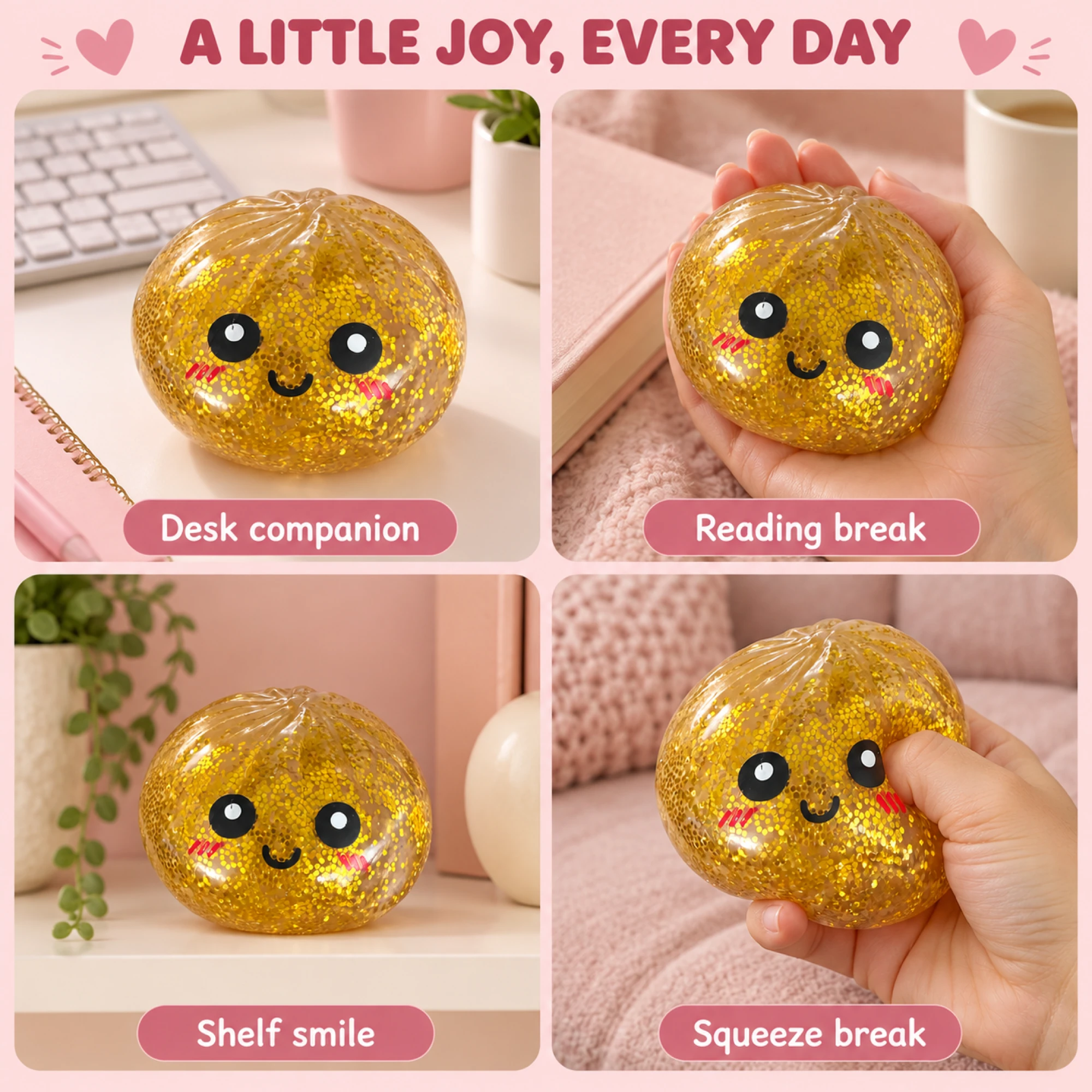 Smiling gold glitter bun in everyday settings