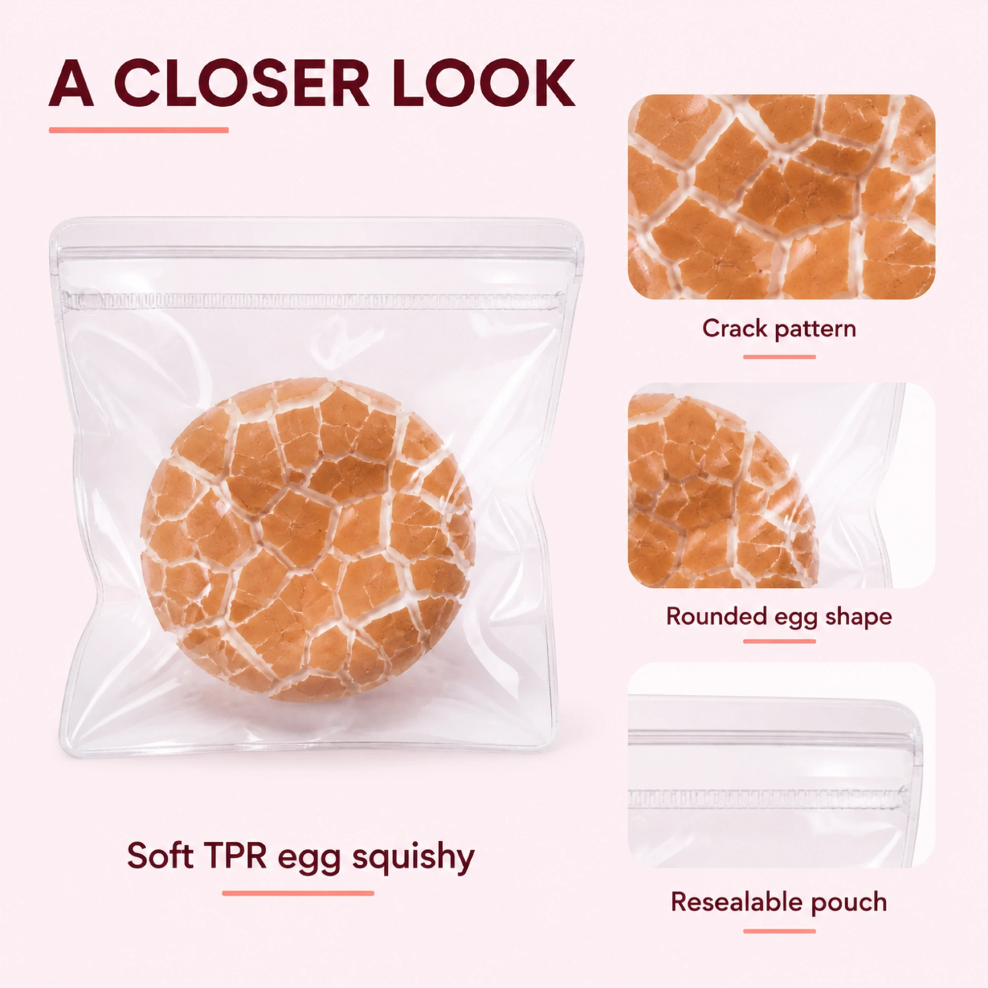 Cracked shell egg TPR squishy in clear pouch - details