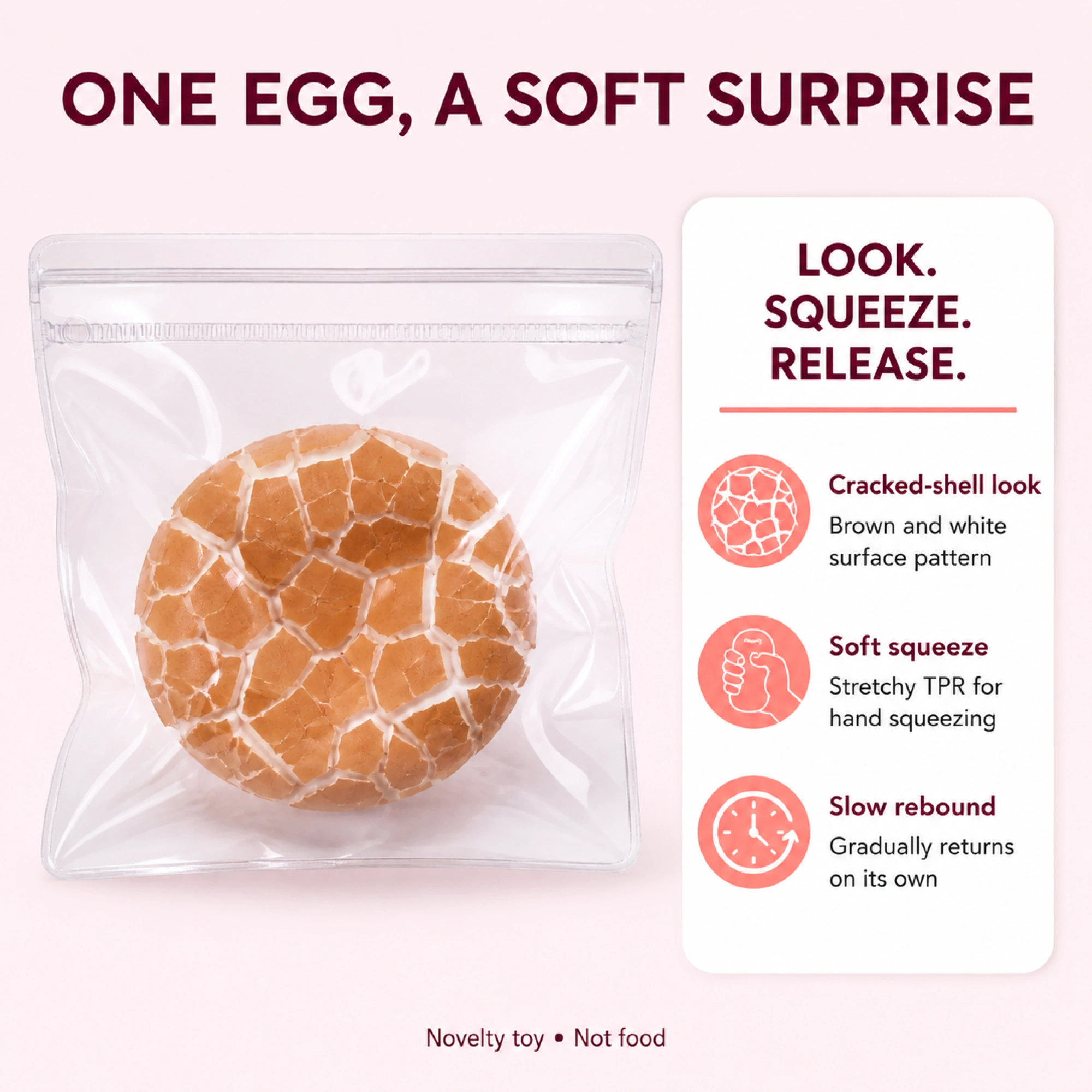 Cracked shell egg TPR squishy in clear pouch - comparison