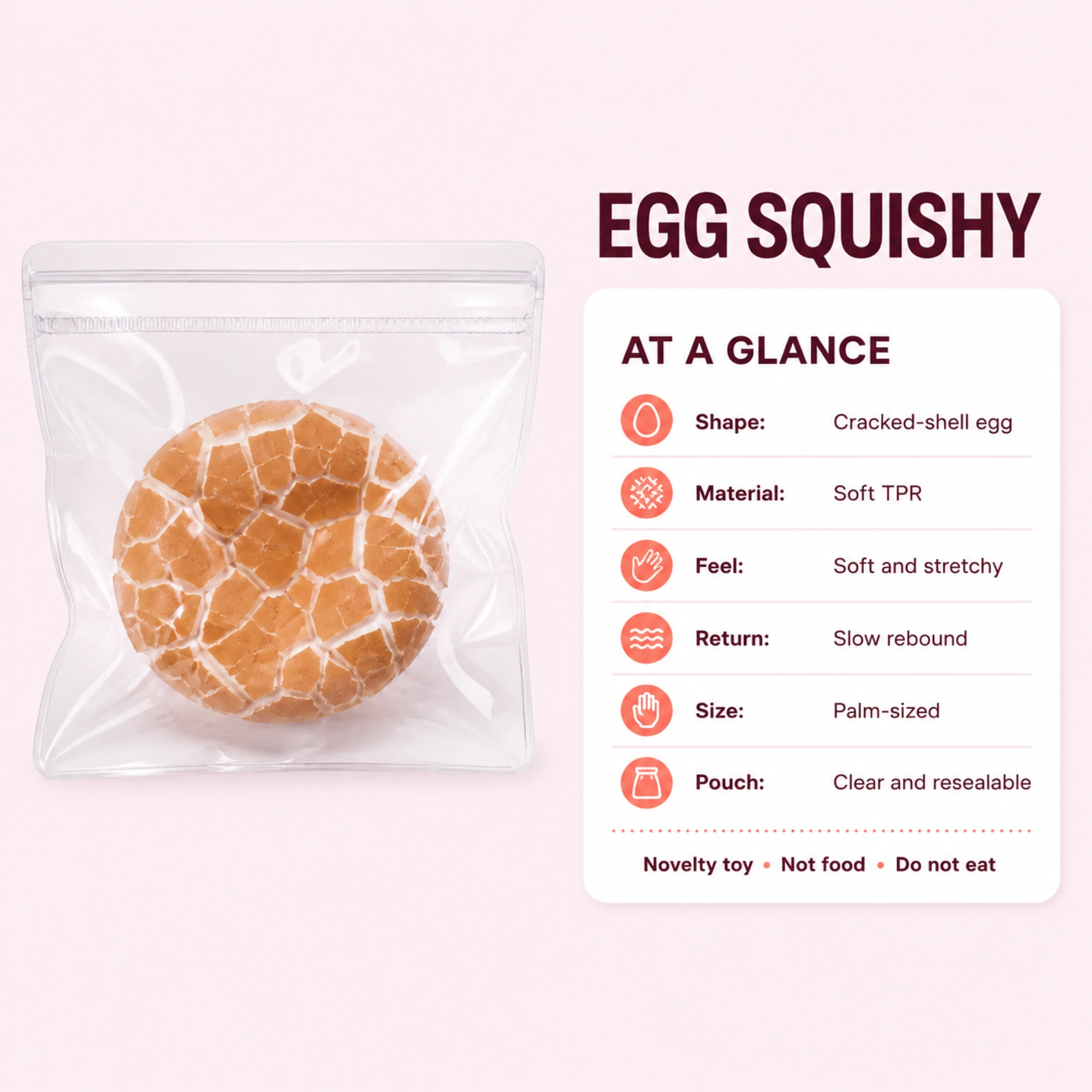 Cracked shell egg TPR squishy in clear pouch - spec