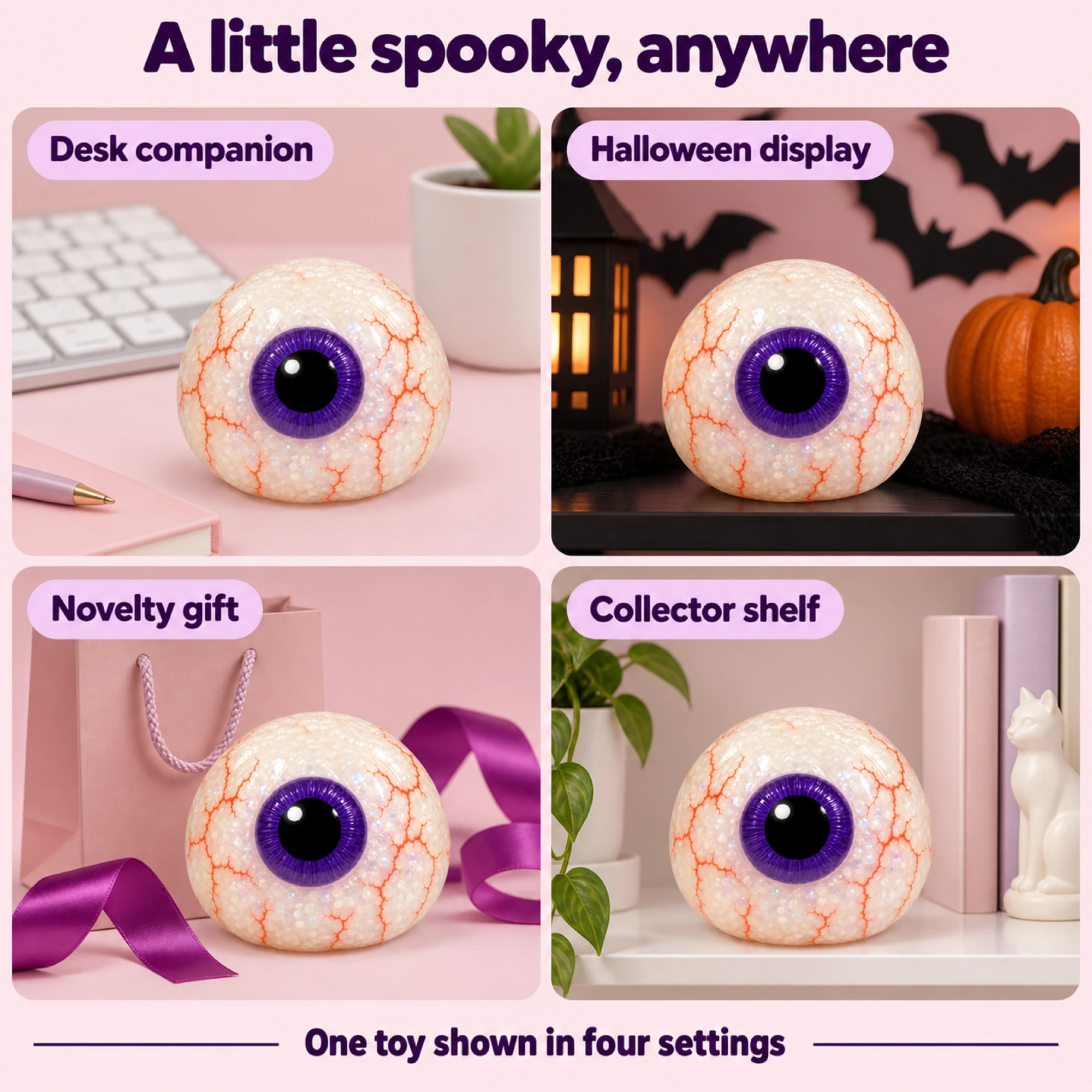 Eyeball toy in four desk, Halloween, gift and shelf settings