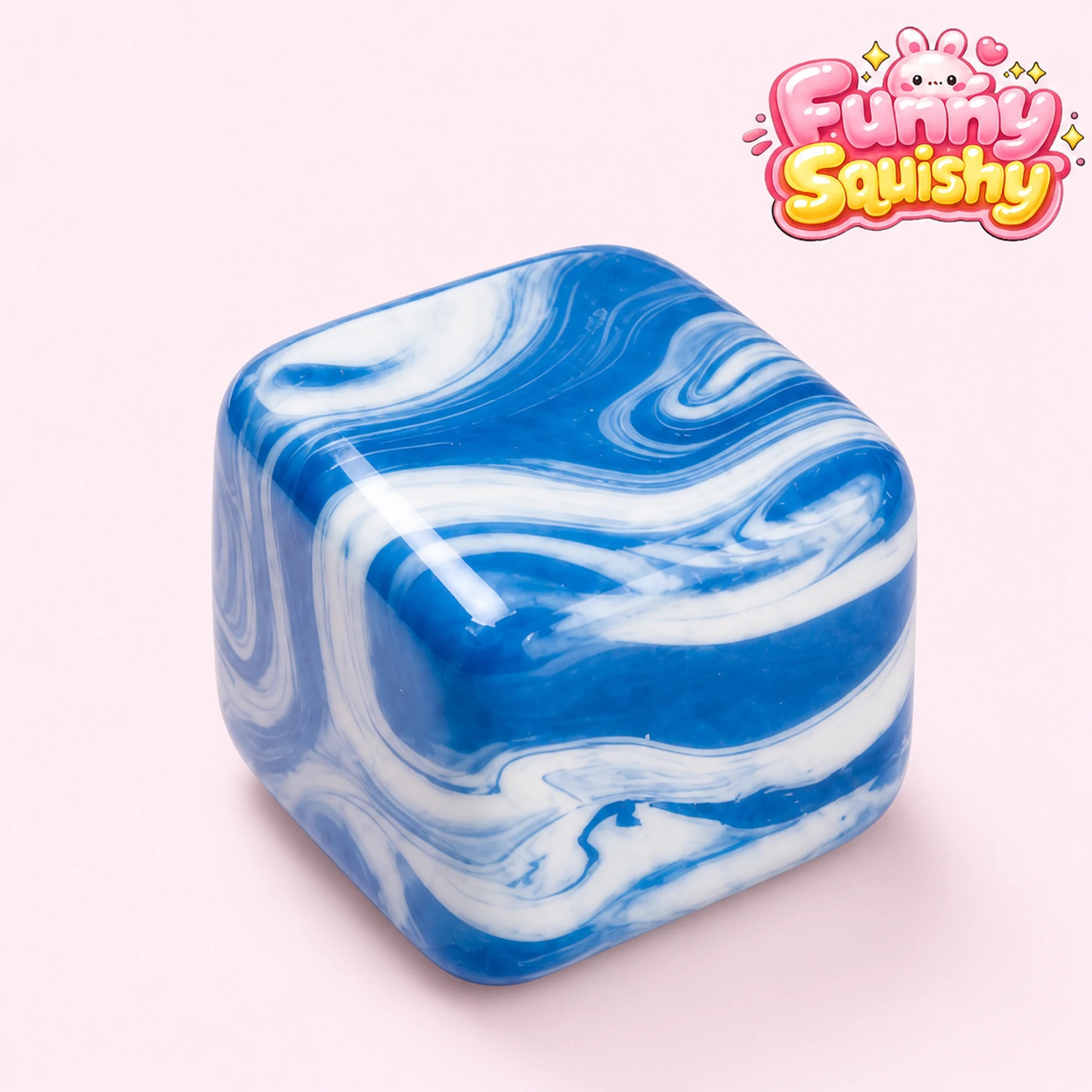 Blue fluid swirl cube squishy on pale pink with Funny Squishy logo