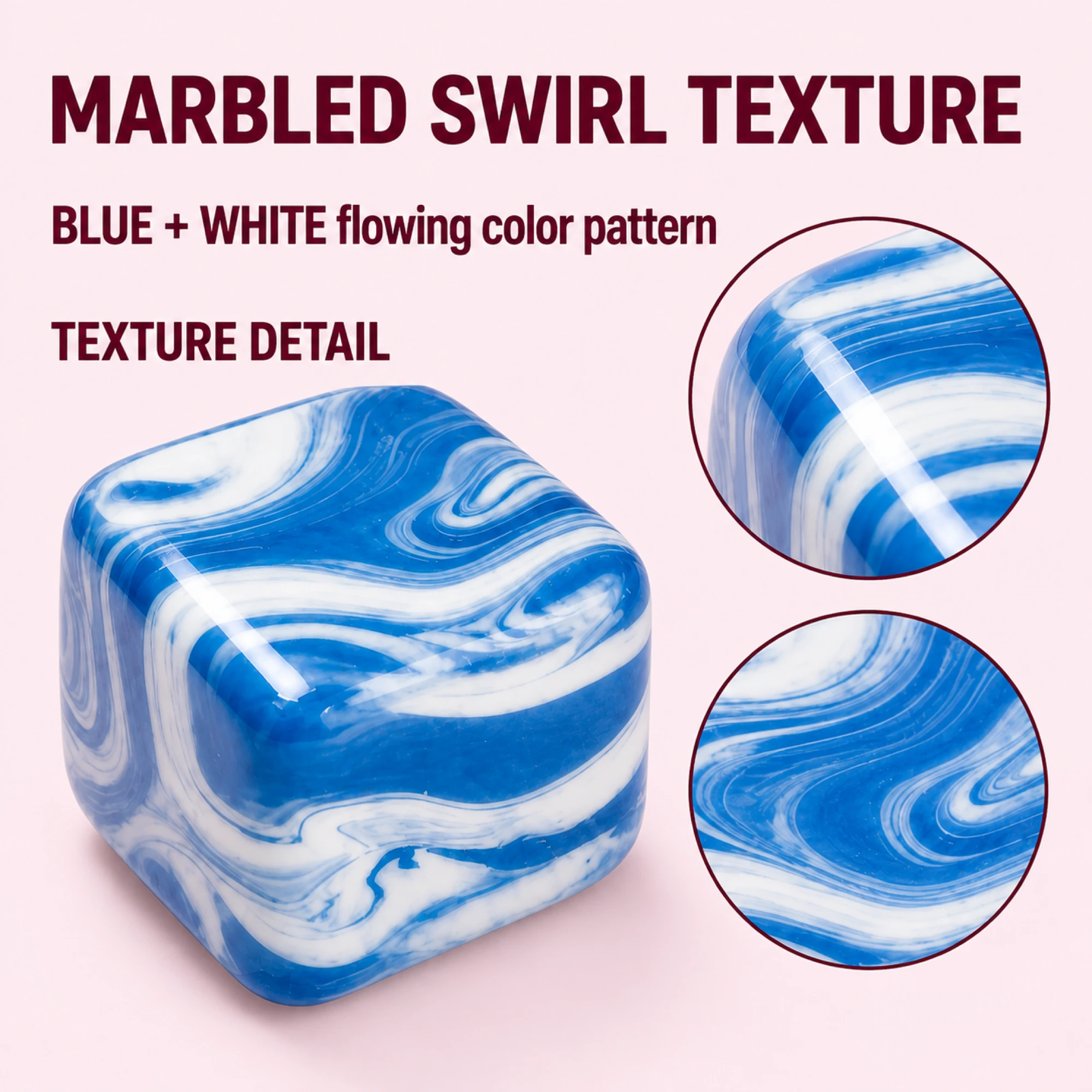 Blue and white Fluid Swirl Cube marbled texture close-ups