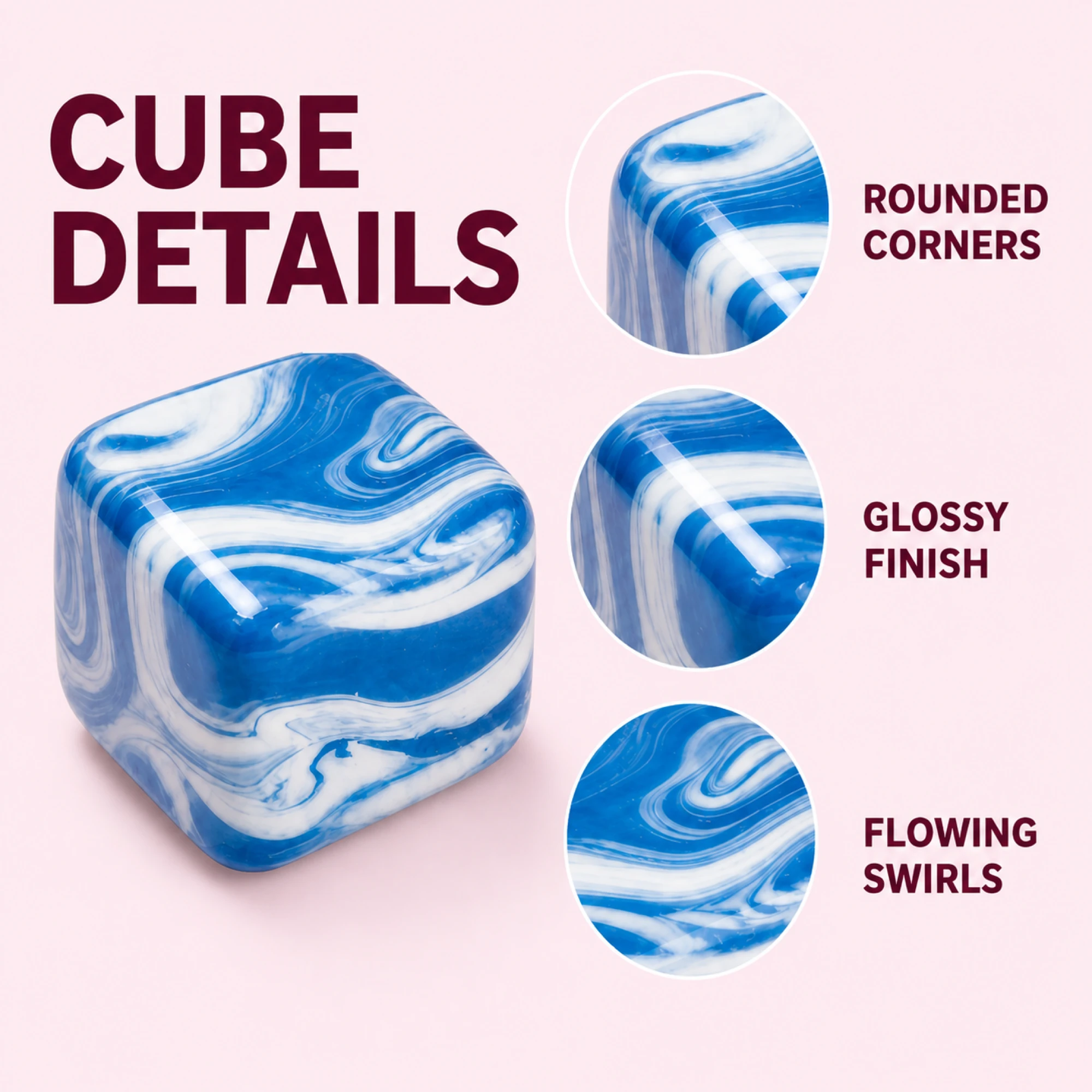 Blue Fluid Swirl Cube rounded corners glossy finish and flowing swirl details