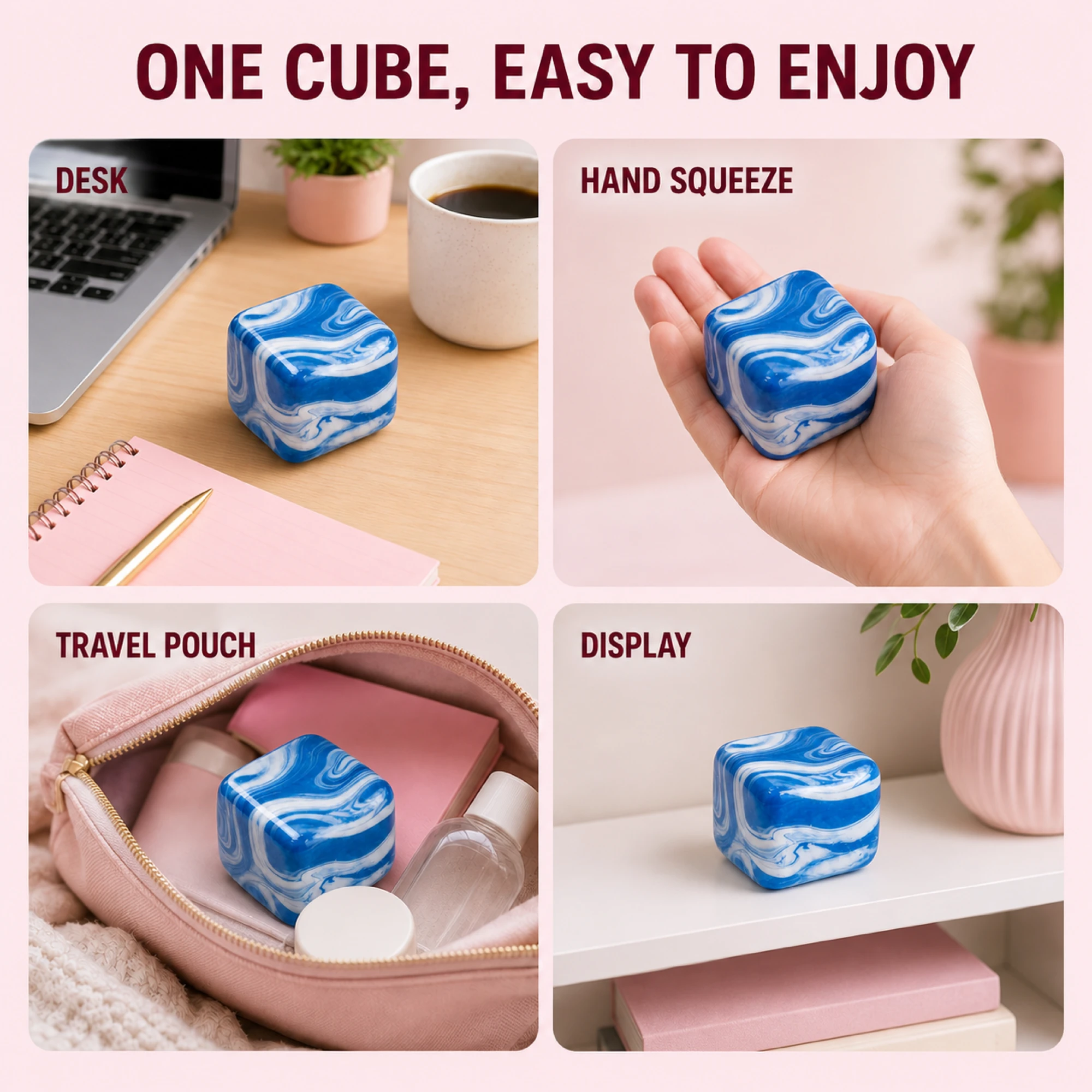 Blue Fluid Swirl Cube shown on a desk in a hand by a travel pouch and on display