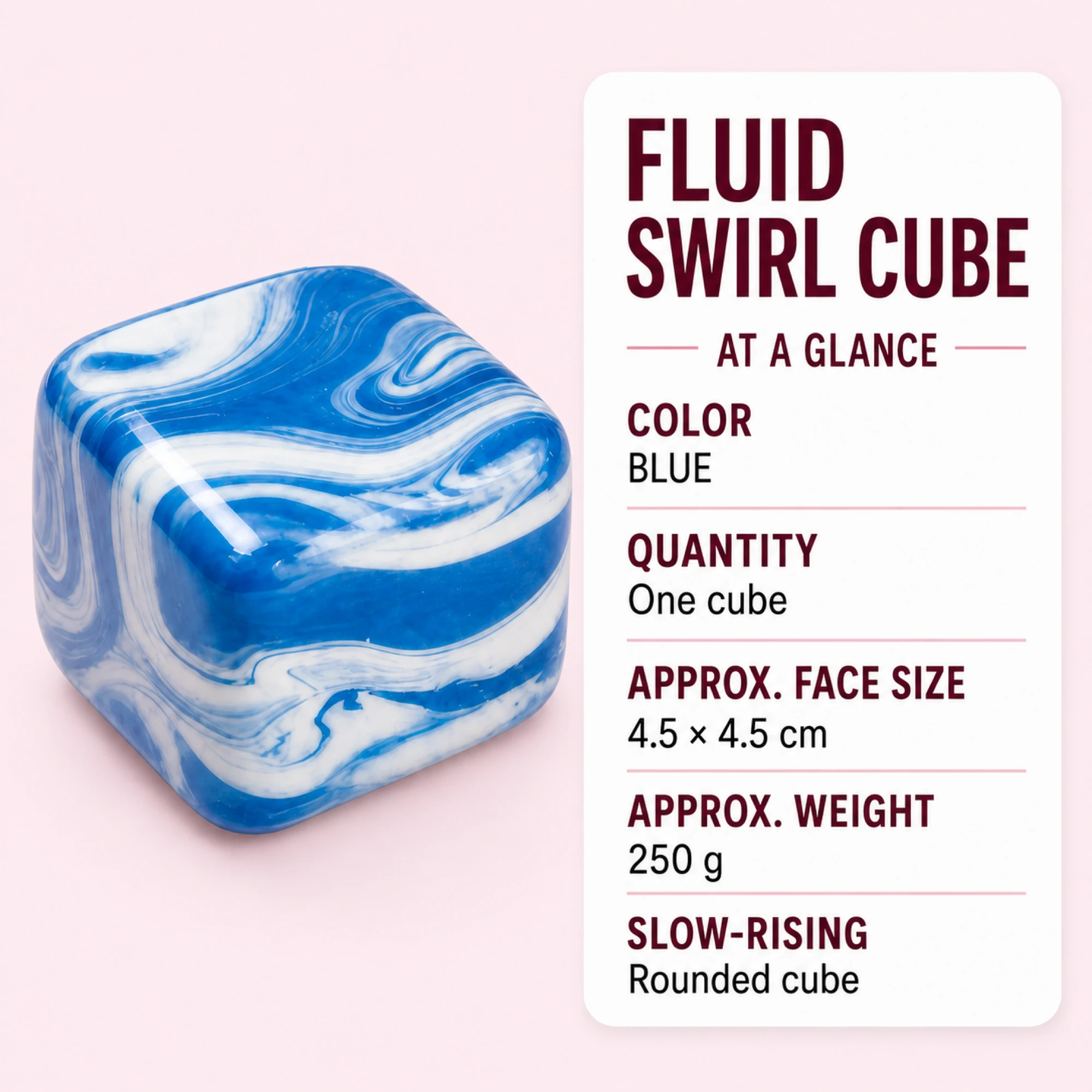 Blue Fluid Swirl Cube color quantity face size weight and slow-rising specification card