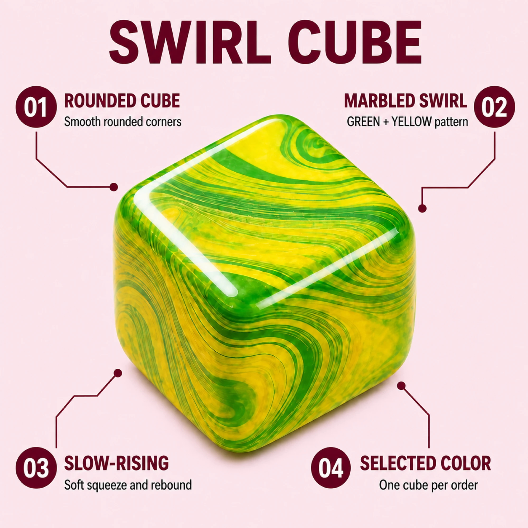 Green Fluid Swirl Cube with rounded cube marbled swirl slow-rising and quantity callouts