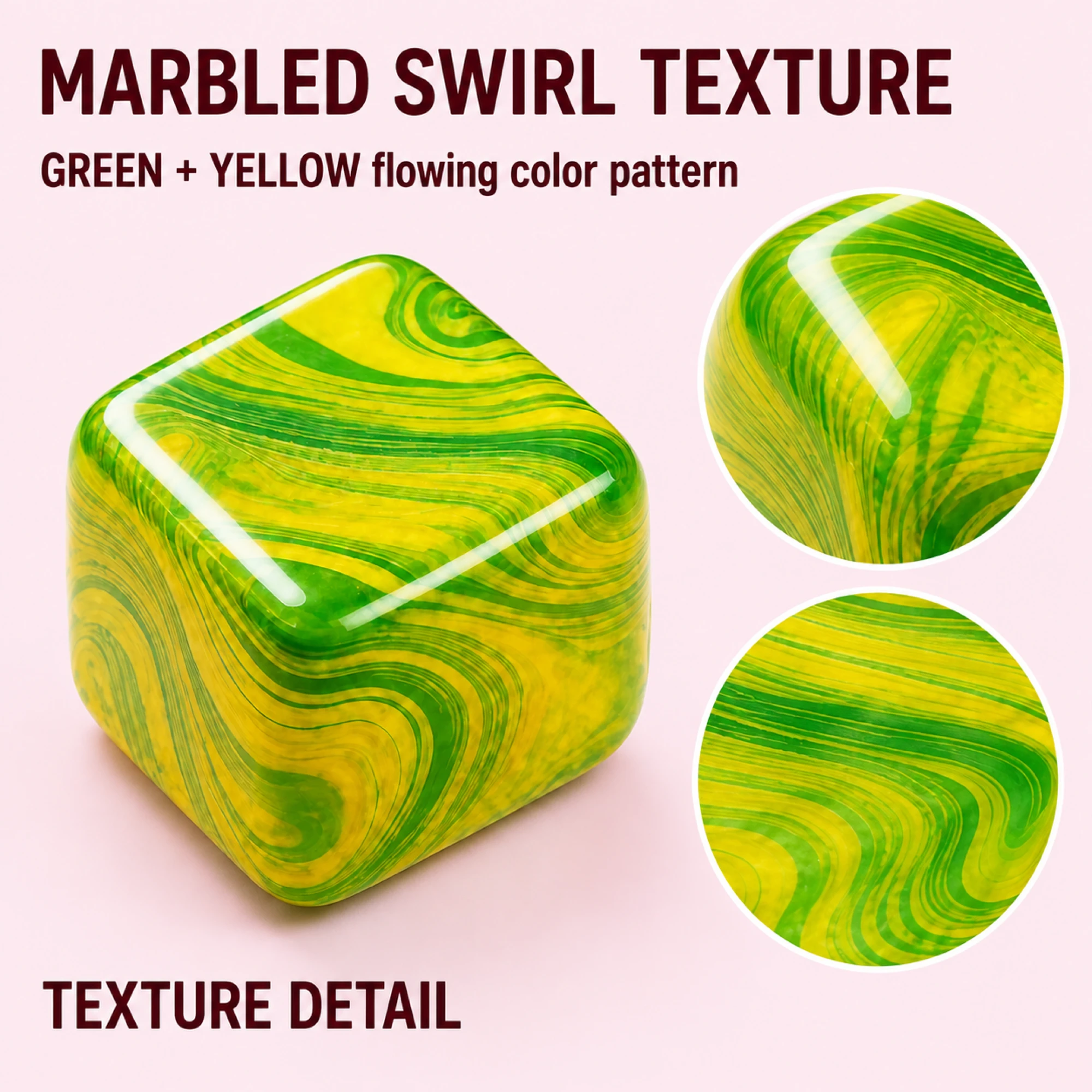Green and yellow Fluid Swirl Cube marbled texture close-ups