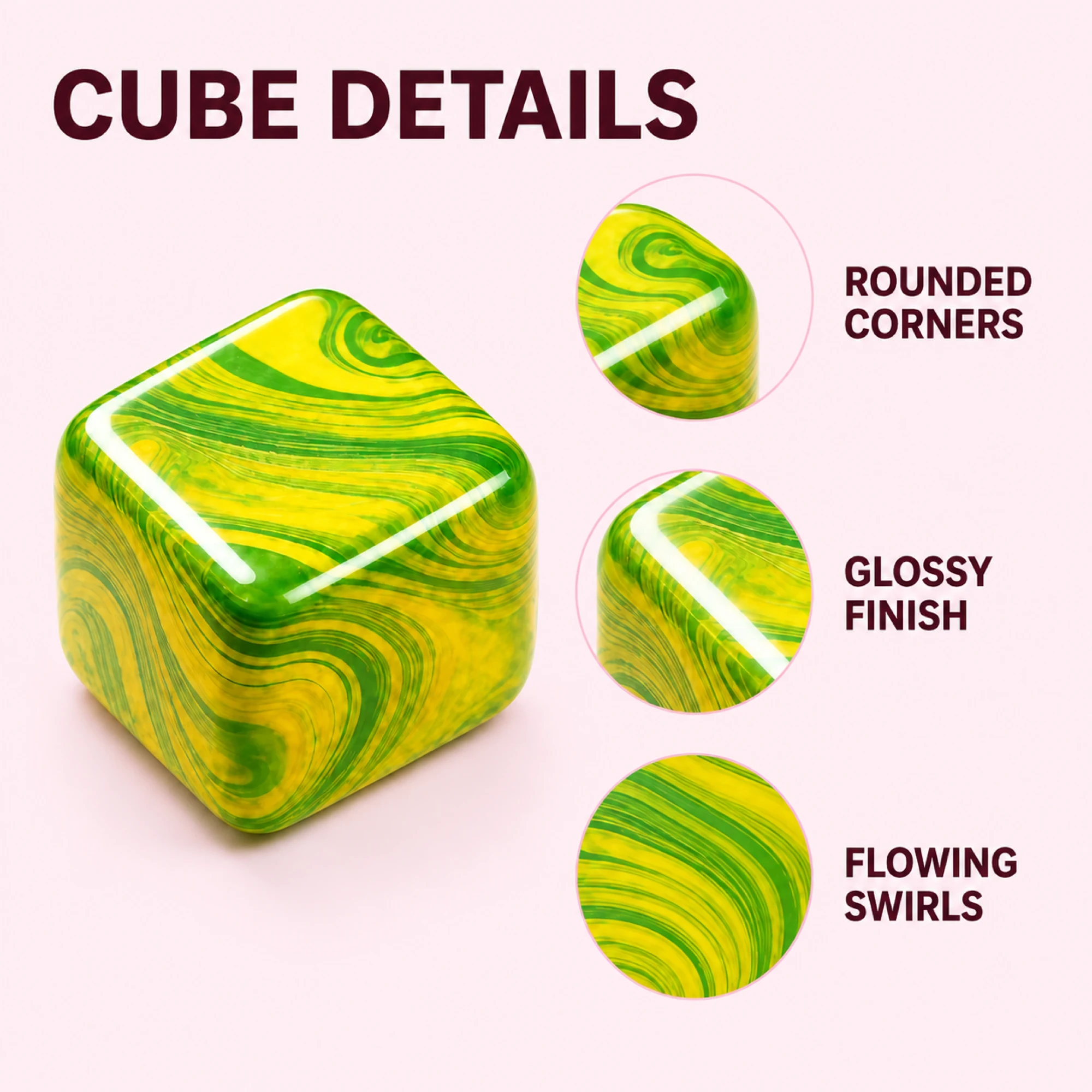 Green Fluid Swirl Cube rounded corners glossy finish and flowing swirl details